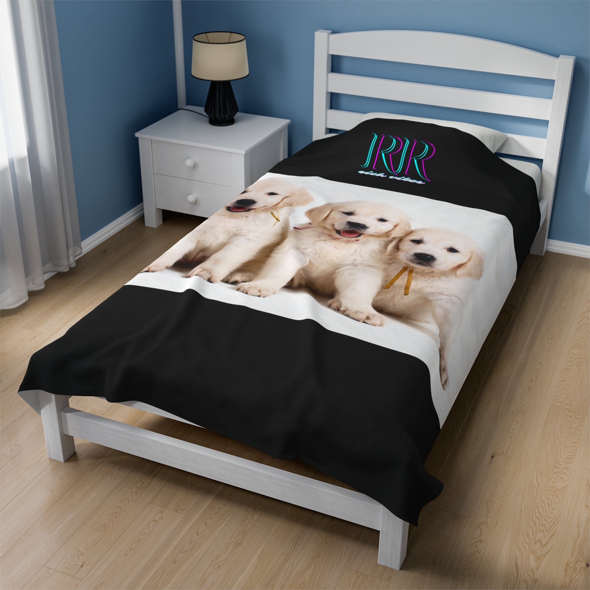 Rich Vibes RR Three White Retriever Pups - Velveteen Plush Blanket Black