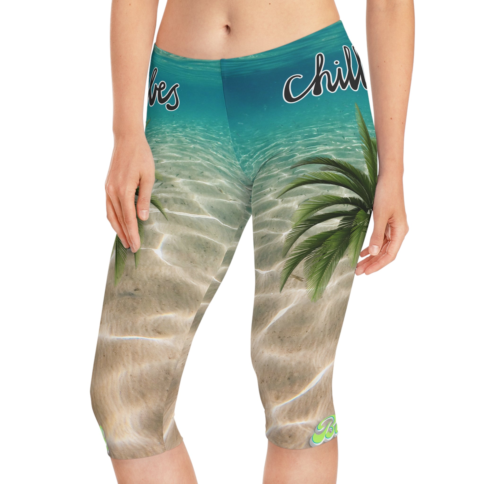 Vineyard Vibes Aqua Print Chill Beach Vibes 2.0 - Women's Capri Leggings (AOP)
