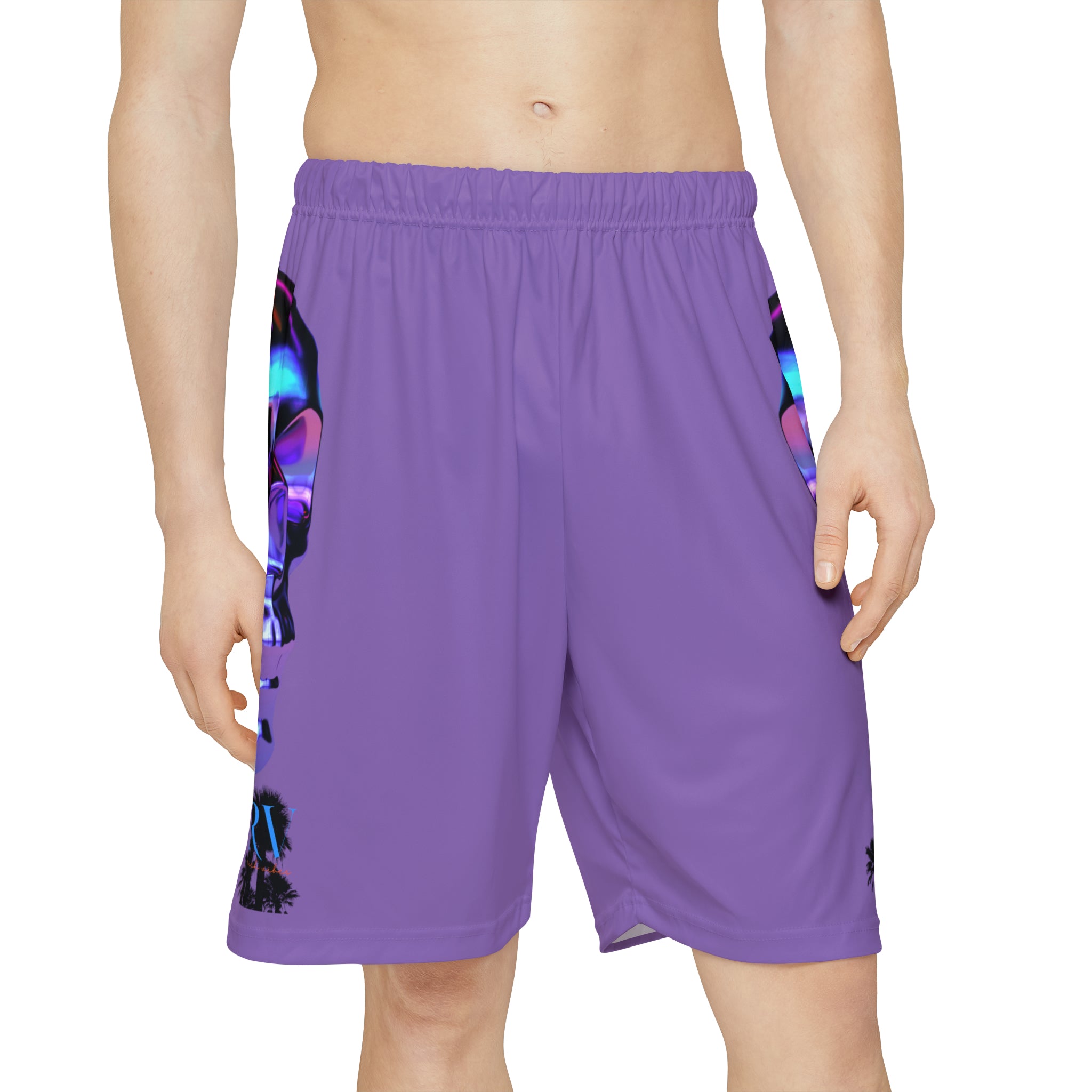 Rich Drip Psychedelic Metal Skull - RV Palm Tree Silhouette Men’s Sports Shorts (AOP) Light Purple