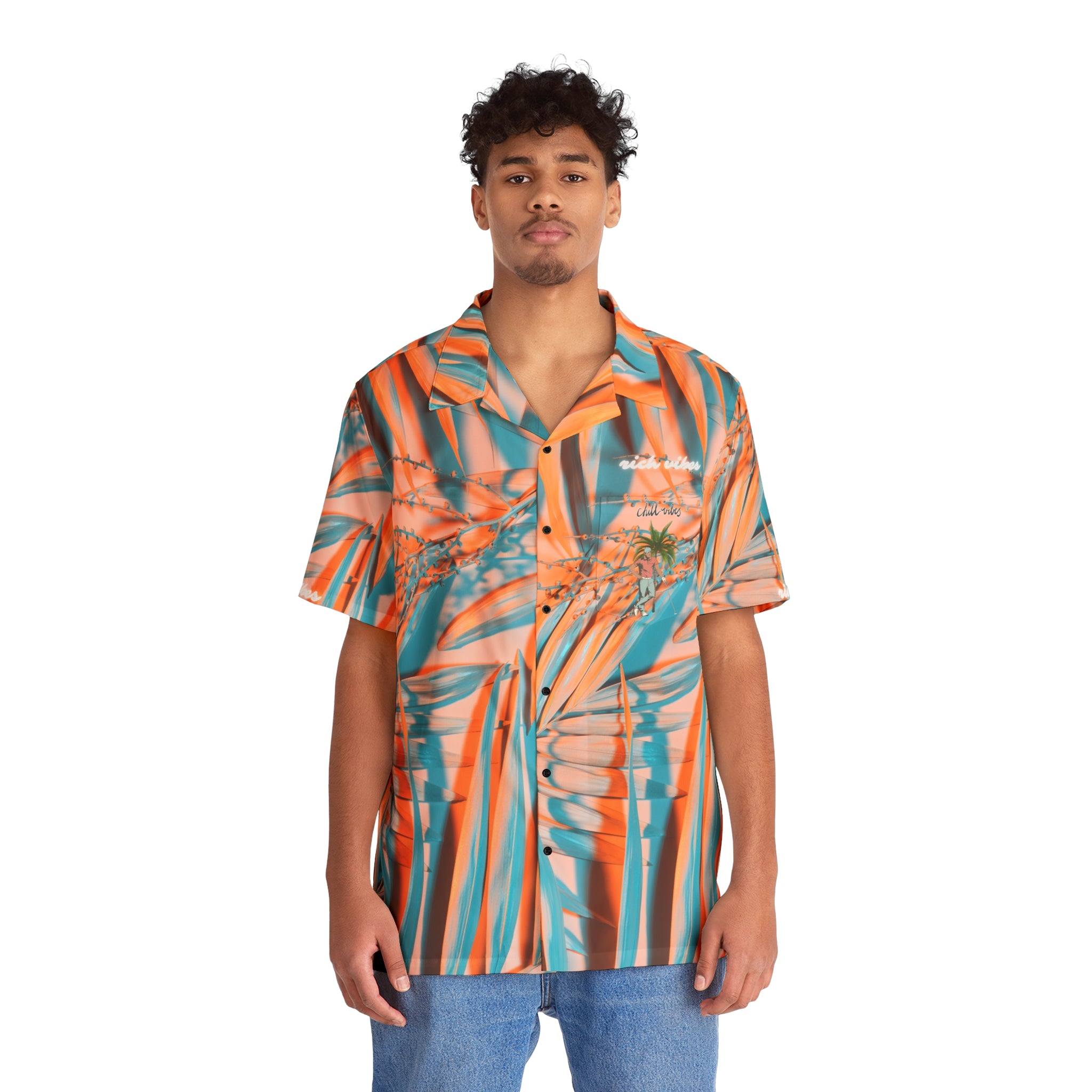 Rich Vibes Colorful Palm Tree Golfer Turquoise Peach Palm Tree 1.0 - Men's Hawaiian Shirt (AOP)