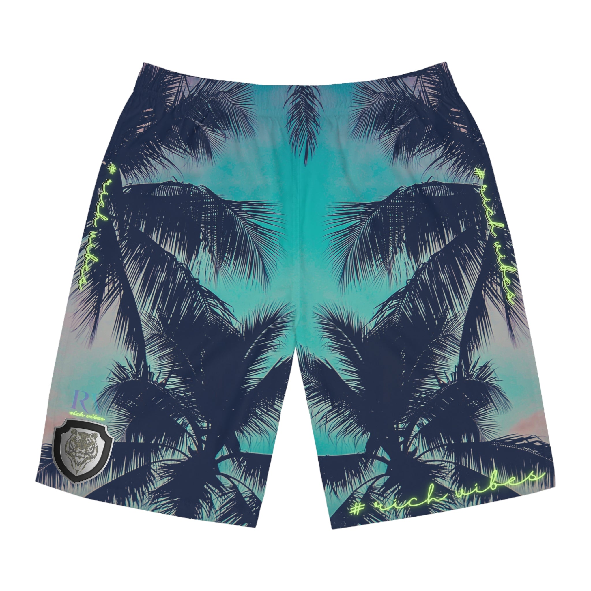 Rich Vibes Volt Teal Blue Tiger Shield Turquoise - Men's Board Shorts (AOP)