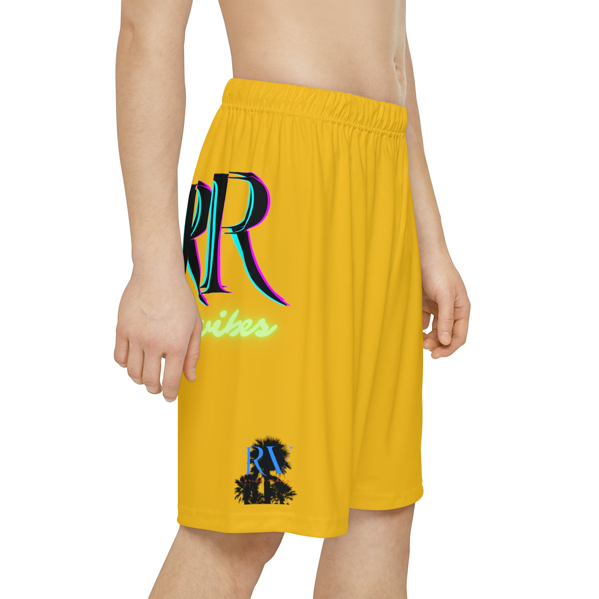 Rich Vibes RR RV Palm Tree Silhouette - Men’s Sports Shorts (AOP) Yellow