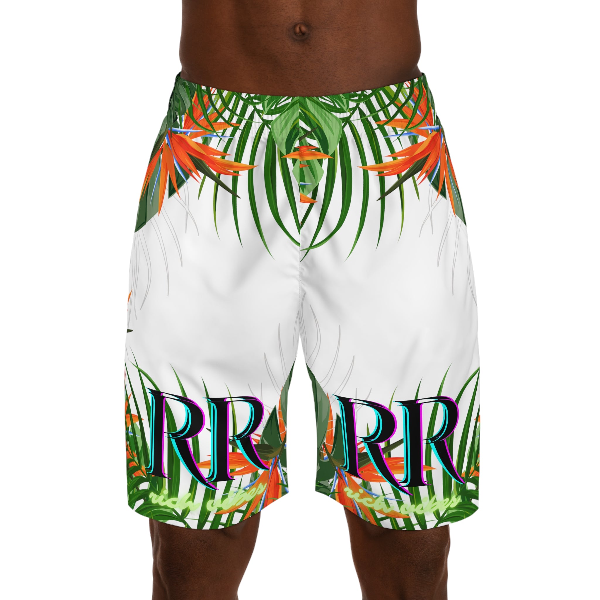 Rich Vibes Volt Green Tropical Jungle Print - Men's Jogger Shorts (AOP)White