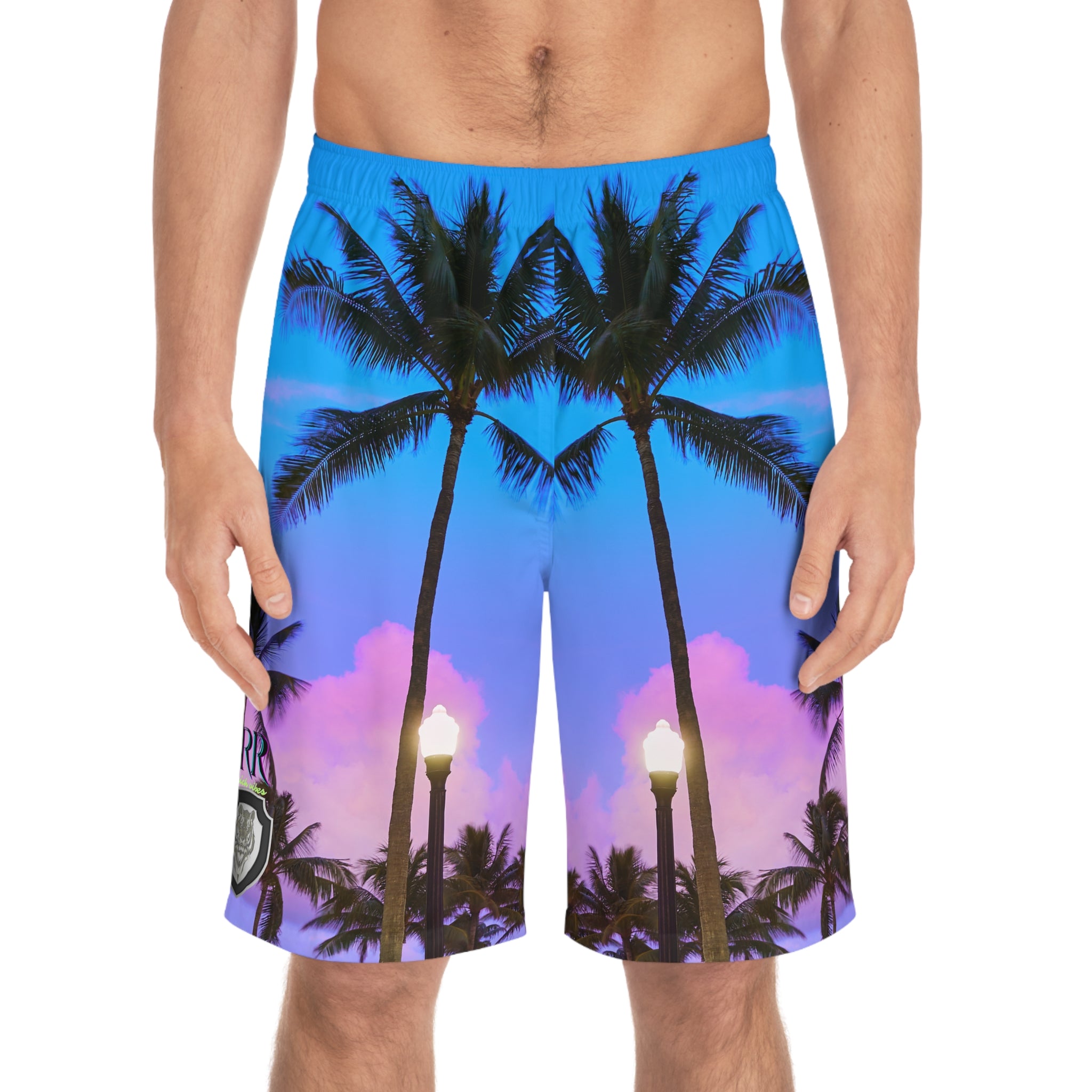 Rich Vibes RR Purple Sunset Volt Tiger Shield 1.0 - Men's Board Shorts (AOP)