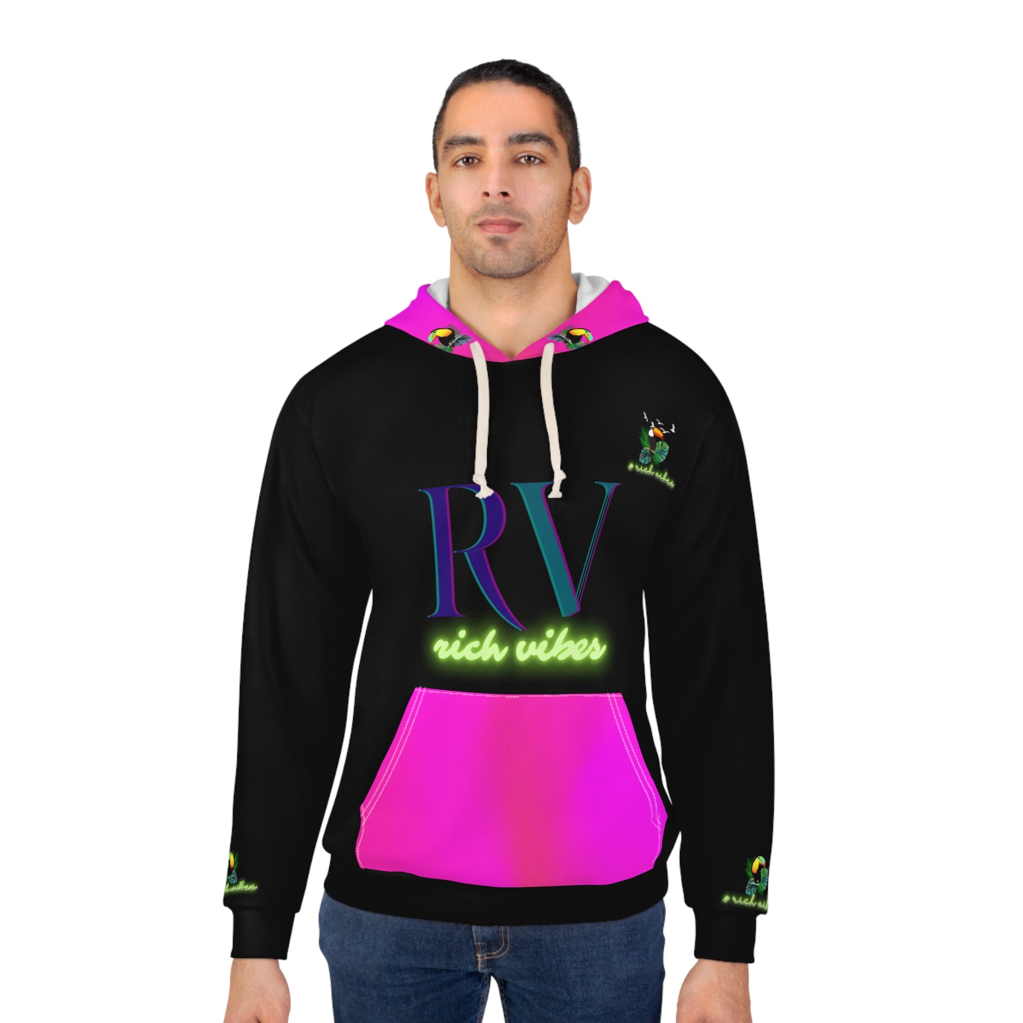 Rich Vibes Black Tropical Pink Volt RR Tropical Jungle Tiger 1.2 - Unisex Pullover Hoodie (AOP)