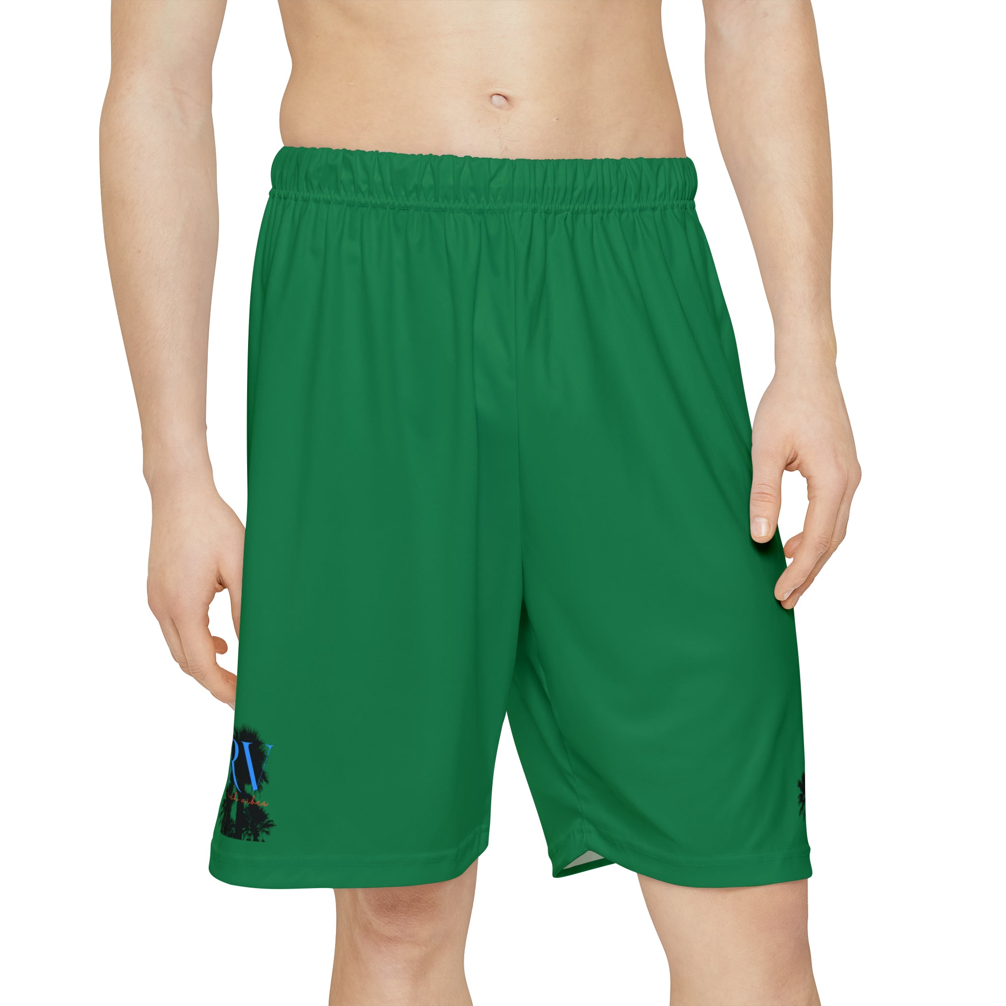 Rich Vibes RV Palm Tree Silhouette Men’s Sports Shorts (AOP) Turf Green