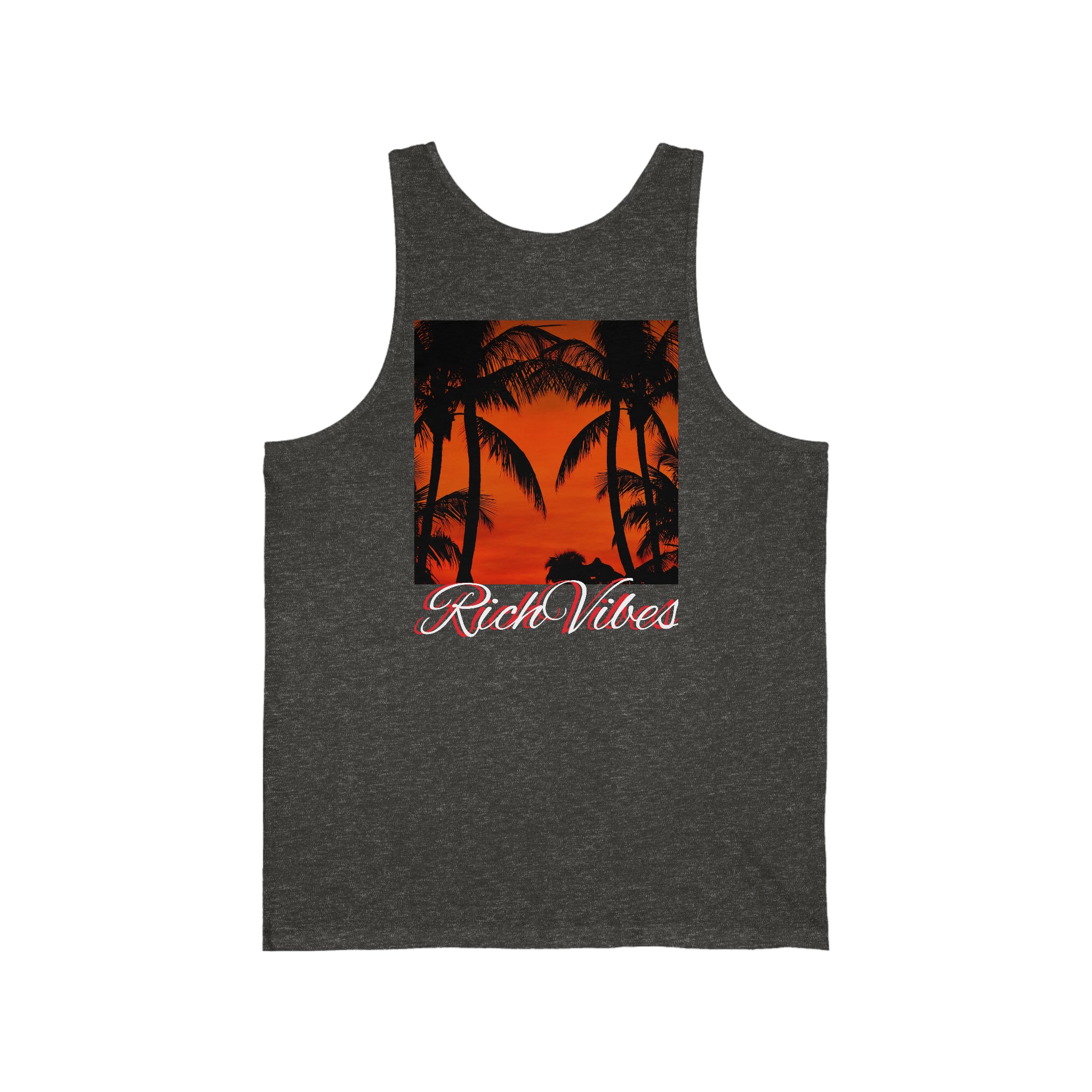 Rich Vibes Red Sunset Palm Trees Silhouette 1.5 - Unisex Jersey Tank