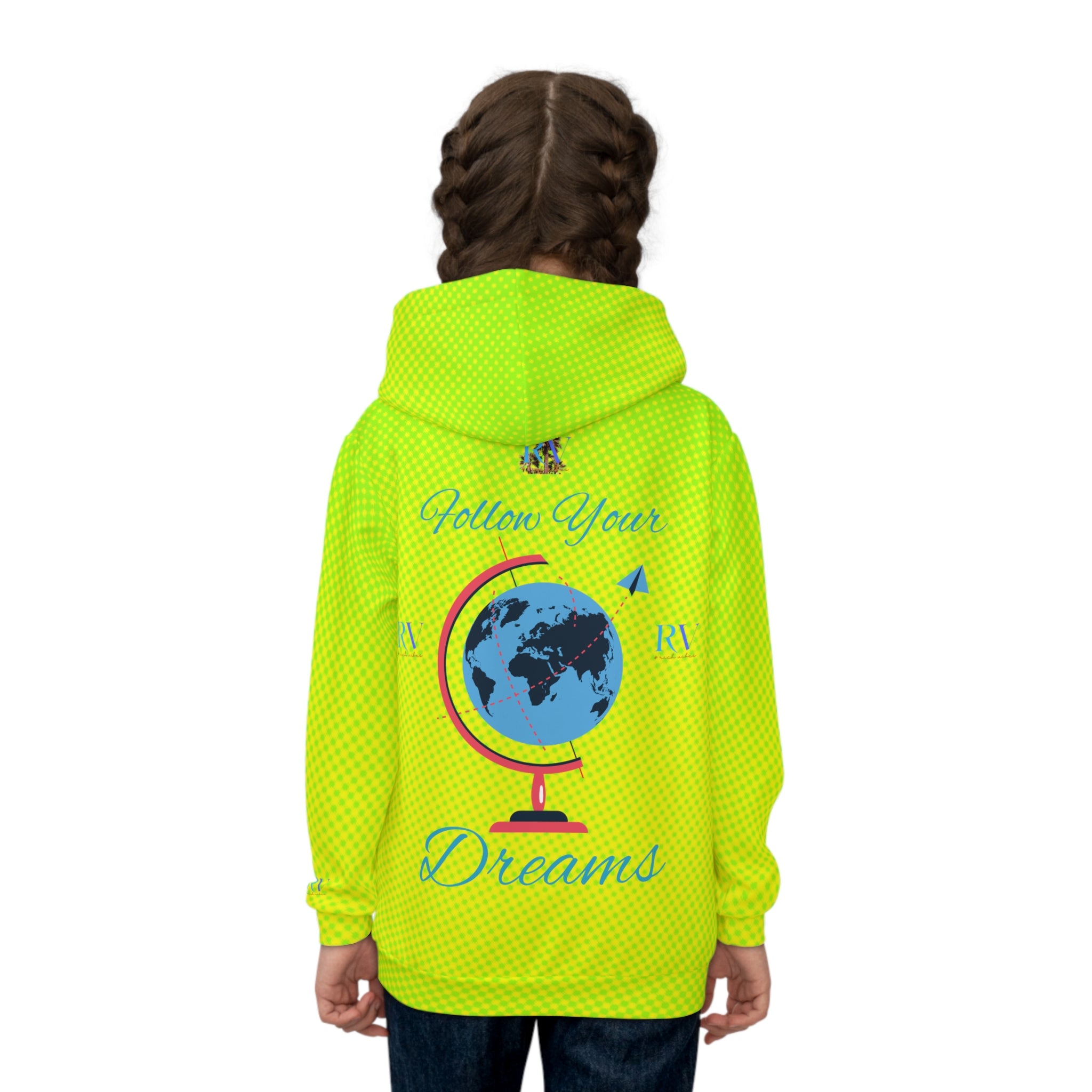 Rich Vibes Follow Your Dreams Volt Green RV Color Palm Tree Black 3 -  Children's Hoodie (AOP)