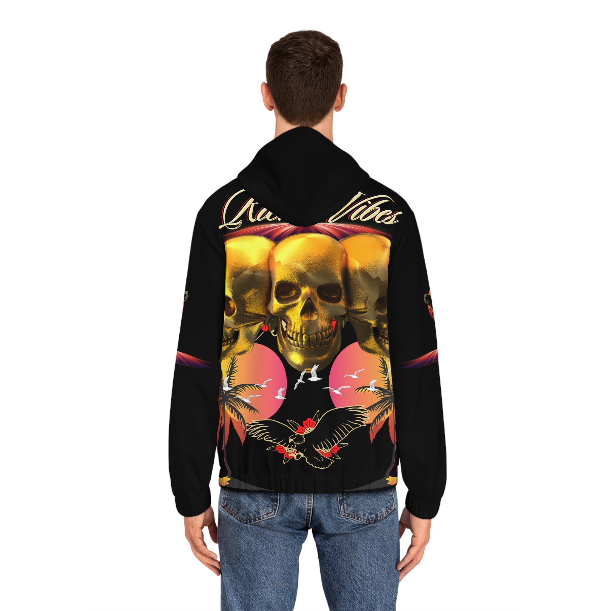 Rich Vibes Authentic Triple Golden Skull City Skyline 1.5 - Men's Full-Zip Hoodie (AOP) Black