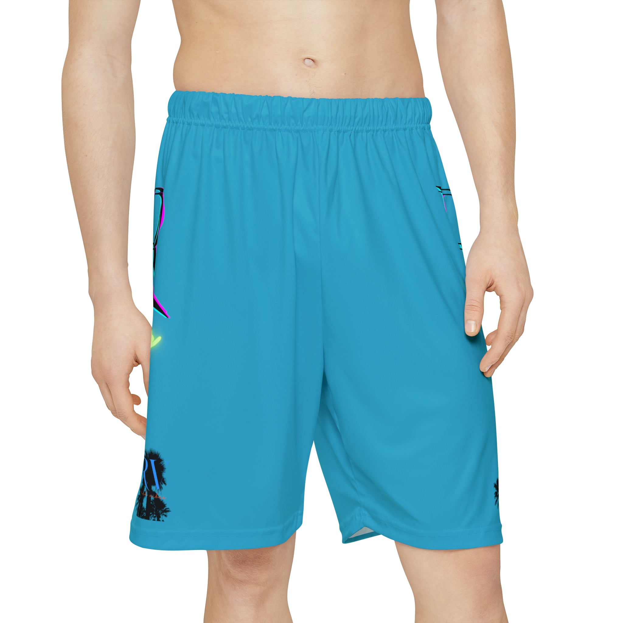 Rich Vibes RR RV Palm Tree Silhouette - Men’s Sports Shorts (AOP) Turquoise