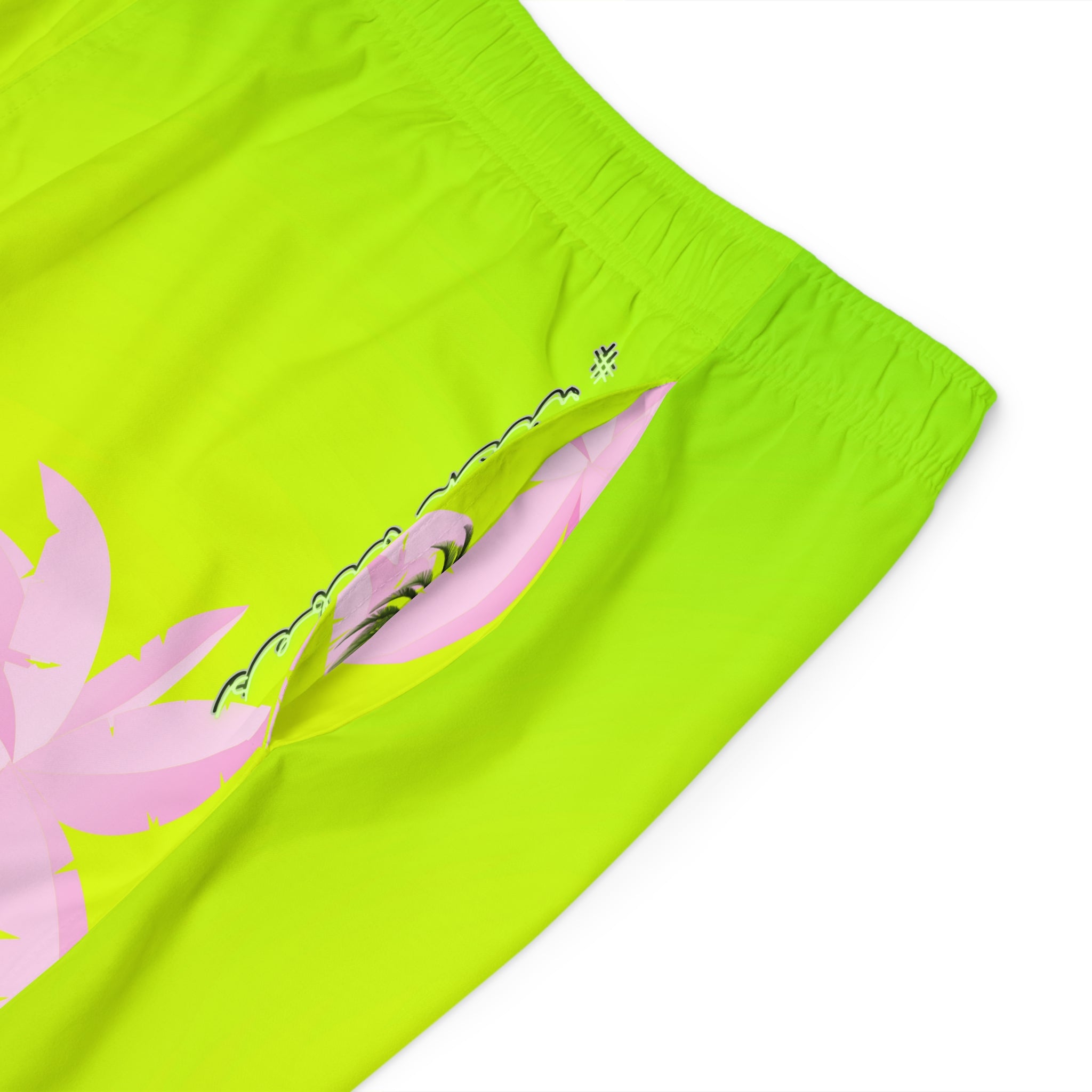 Rich Vibes Lime Green Tropical Pink Palm Tree Beach Chill Vibes 1.0 - Men's Board Shorts (AOP)