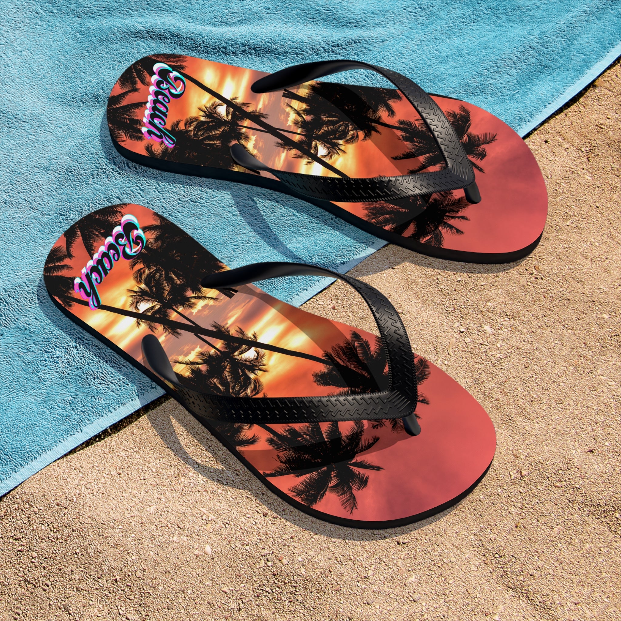 Rich Vibes Red Sunset Beach Silhouette - Unisex Flip-Flops - M
