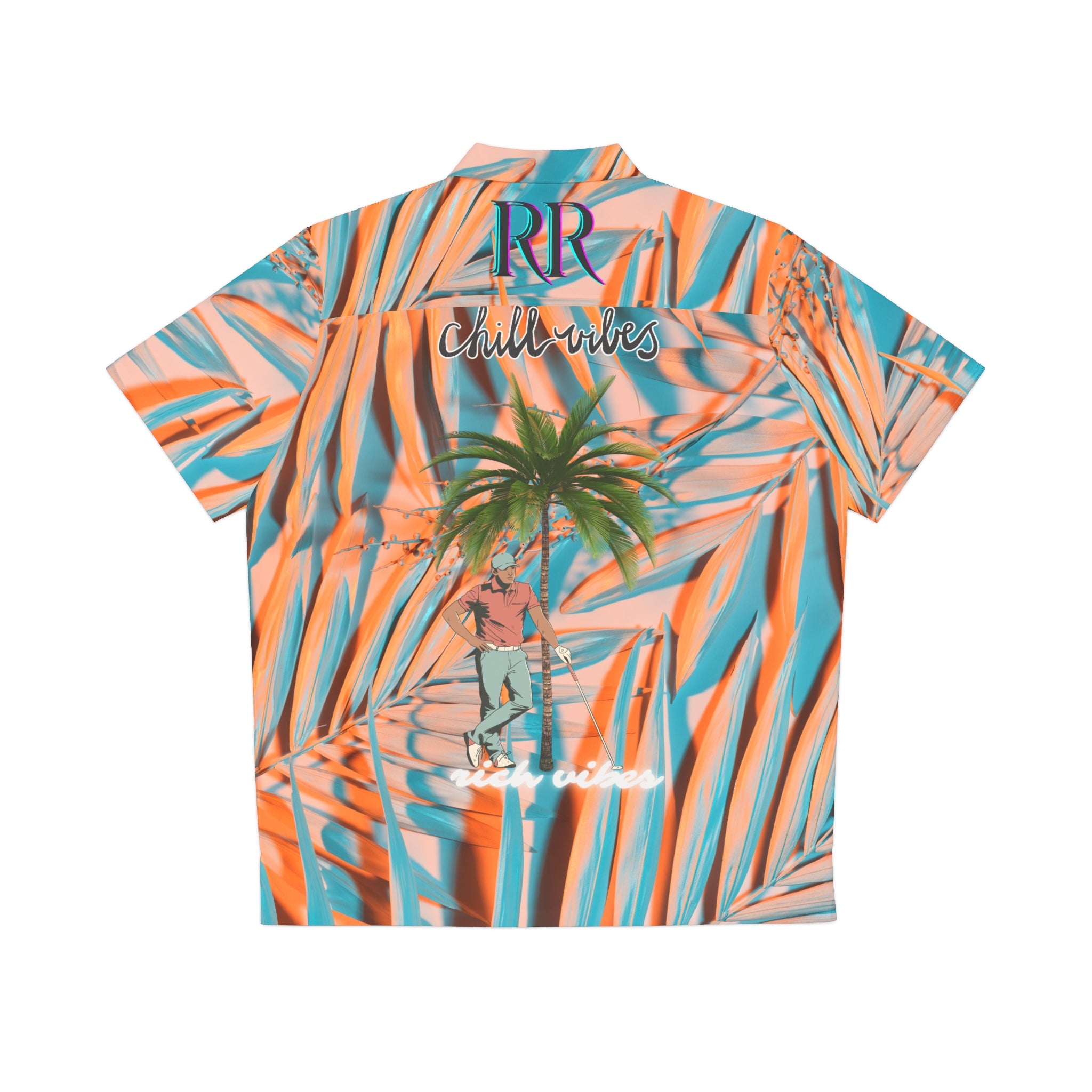 Rich Vibes Colorful Palm Tree Golfer Turquoise Peach Palm Tree - Men's Hawaiian Shirt (AOP)