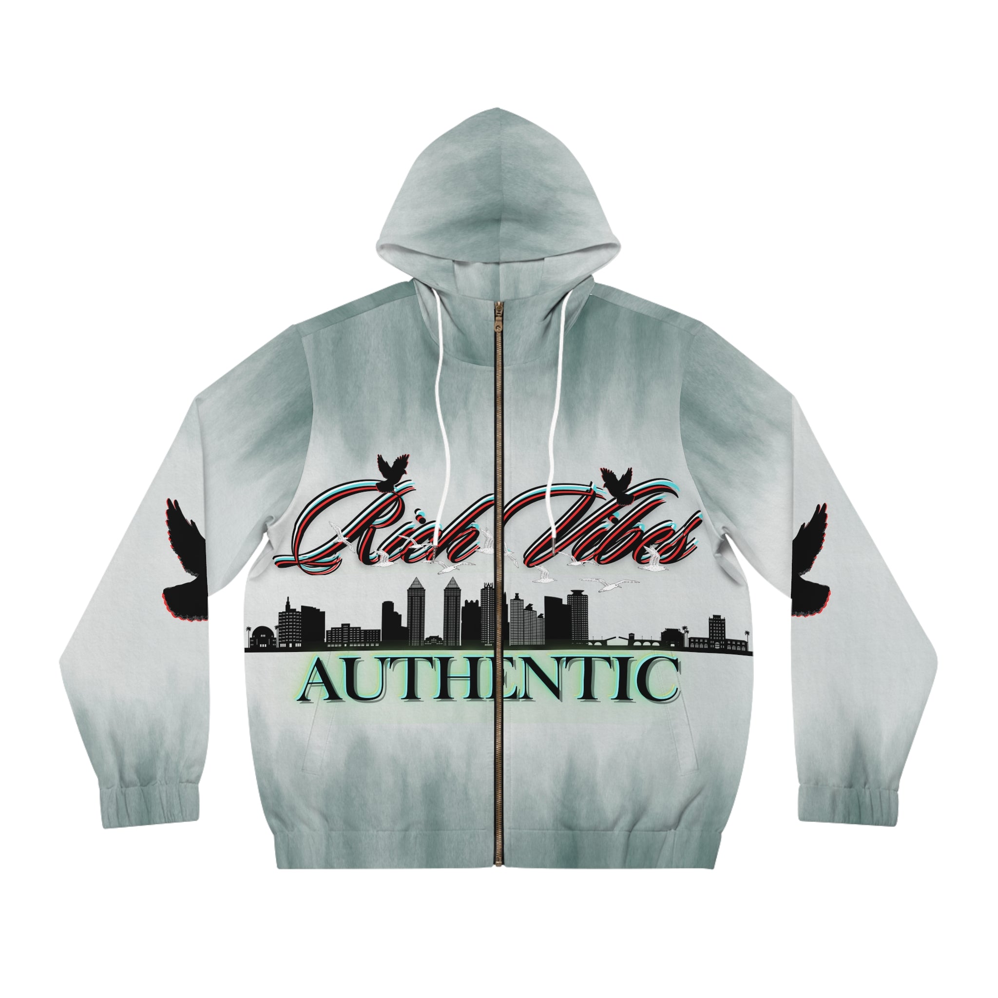 Rich Vibes Authentic Black Bird City Skyline 1.5 - Men's Full-Zip Hoodie (AOP)