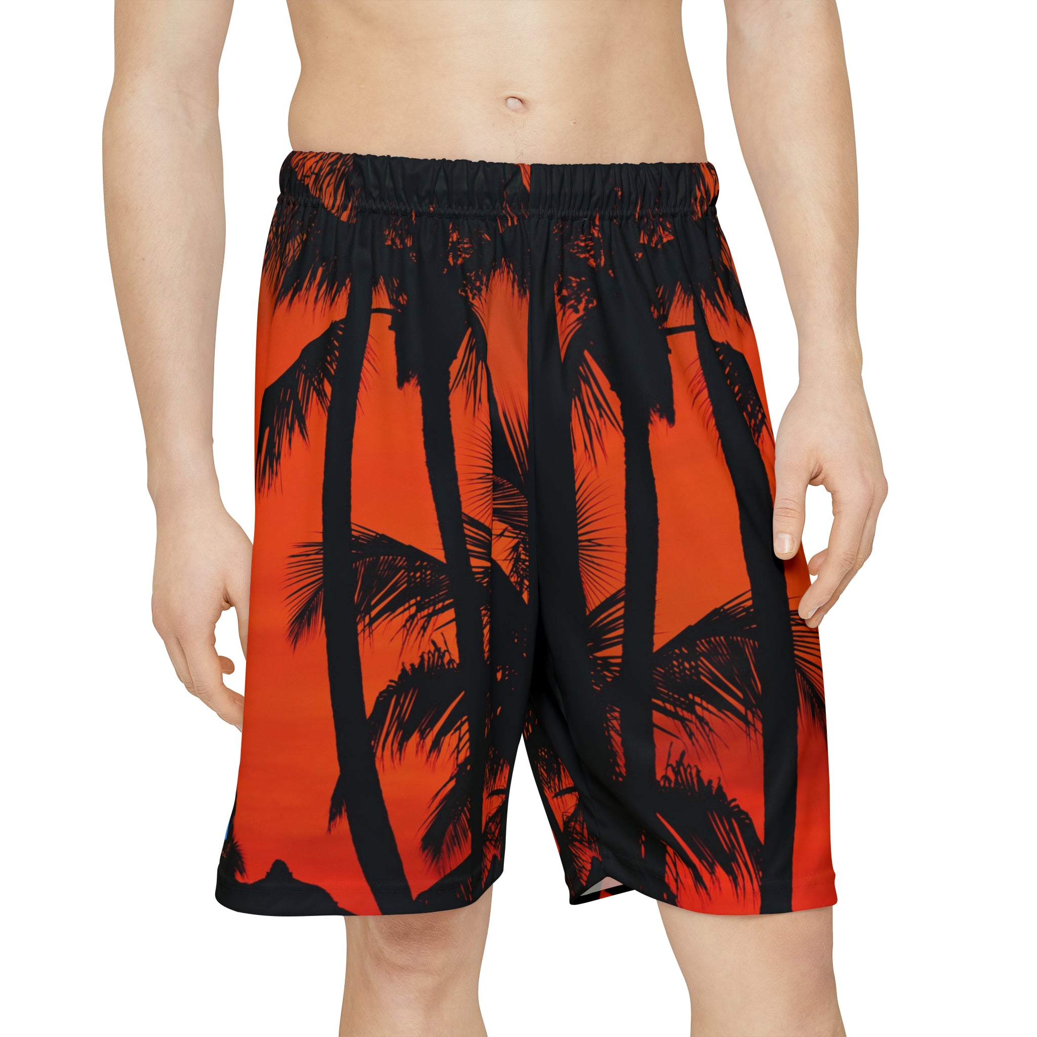 Rich Vibes Red Sunset RV Palm Tree Silhouette 2.0 - Men’s Sports Shorts (AOP) Black