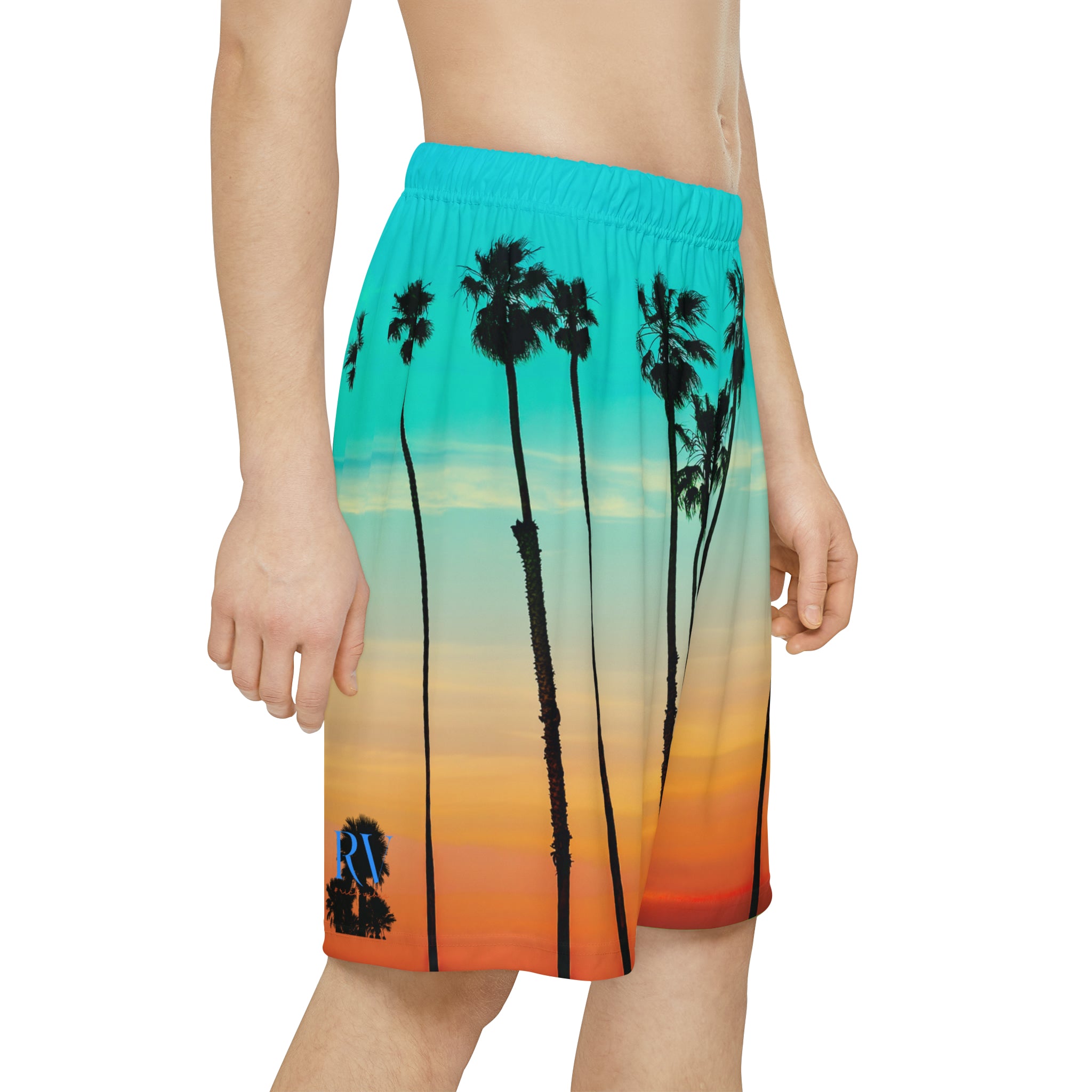 Rich Drip Blue Skies Beach Vibes RV Palm Tree Silhouette - Men’s Sports Shorts (AOP) Leaf Green