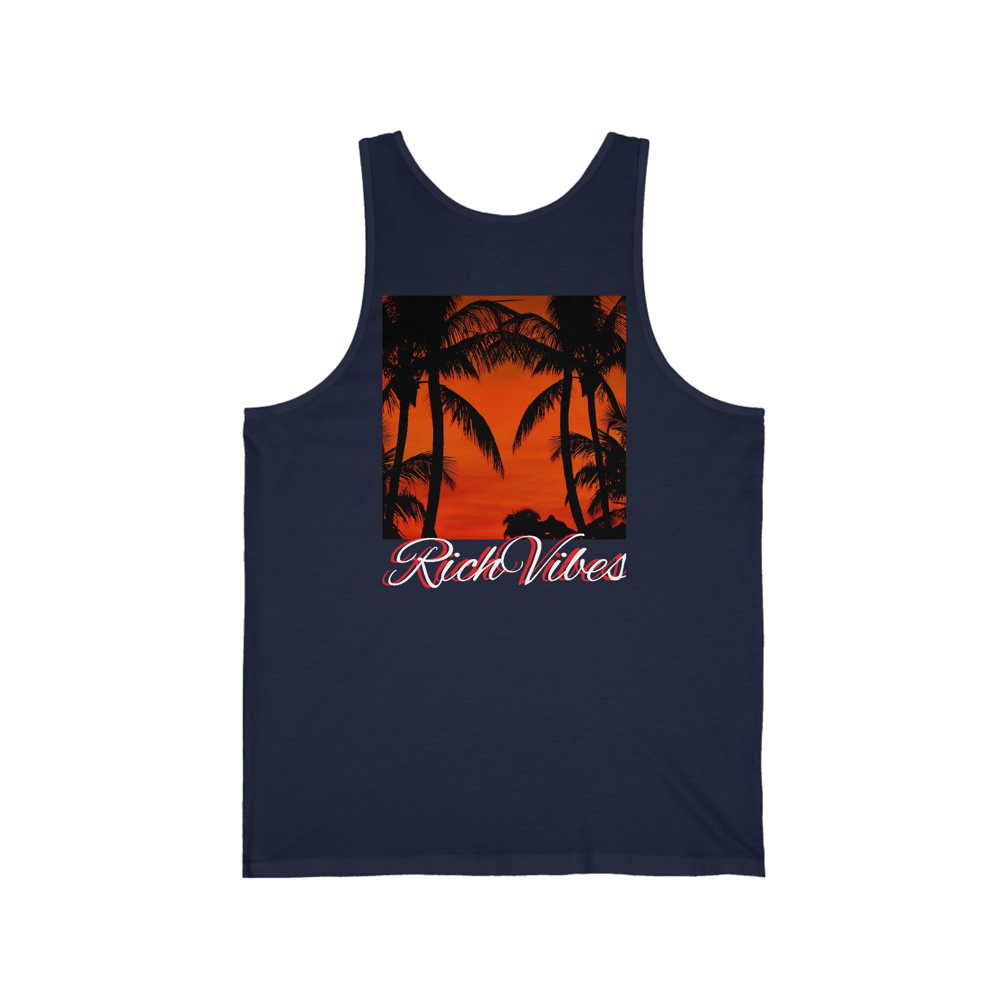 Rich Vibes Red Sunset Palm Trees Silhouette 1.5 - Unisex Jersey Tank