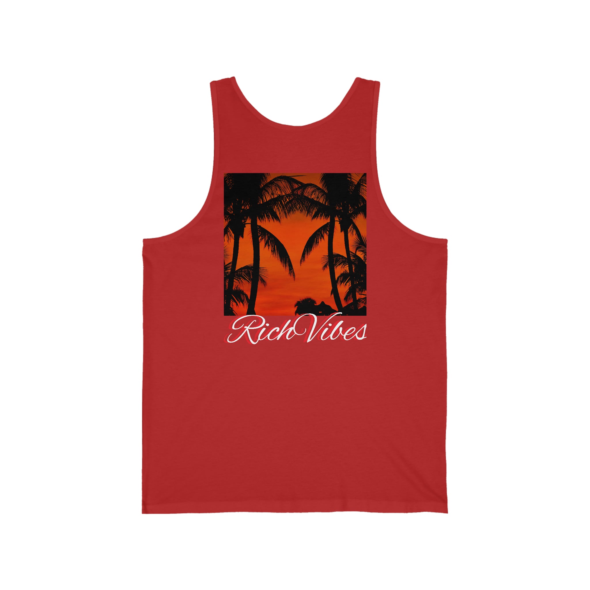 Rich Vibes Red Sunset Palm Trees Silhouette 1.5 - Unisex Jersey Tank