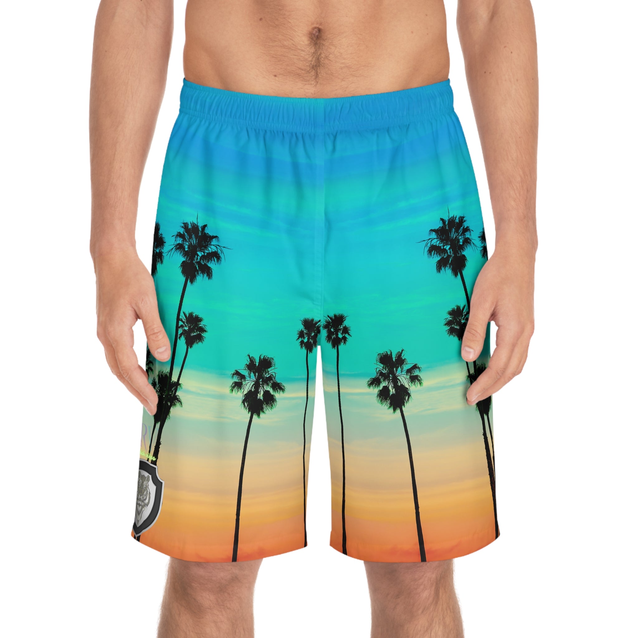 Rich Vibes Volt Turquoise Sunset Tiger Shield 1.0 - Men's Board Shorts (AOP)