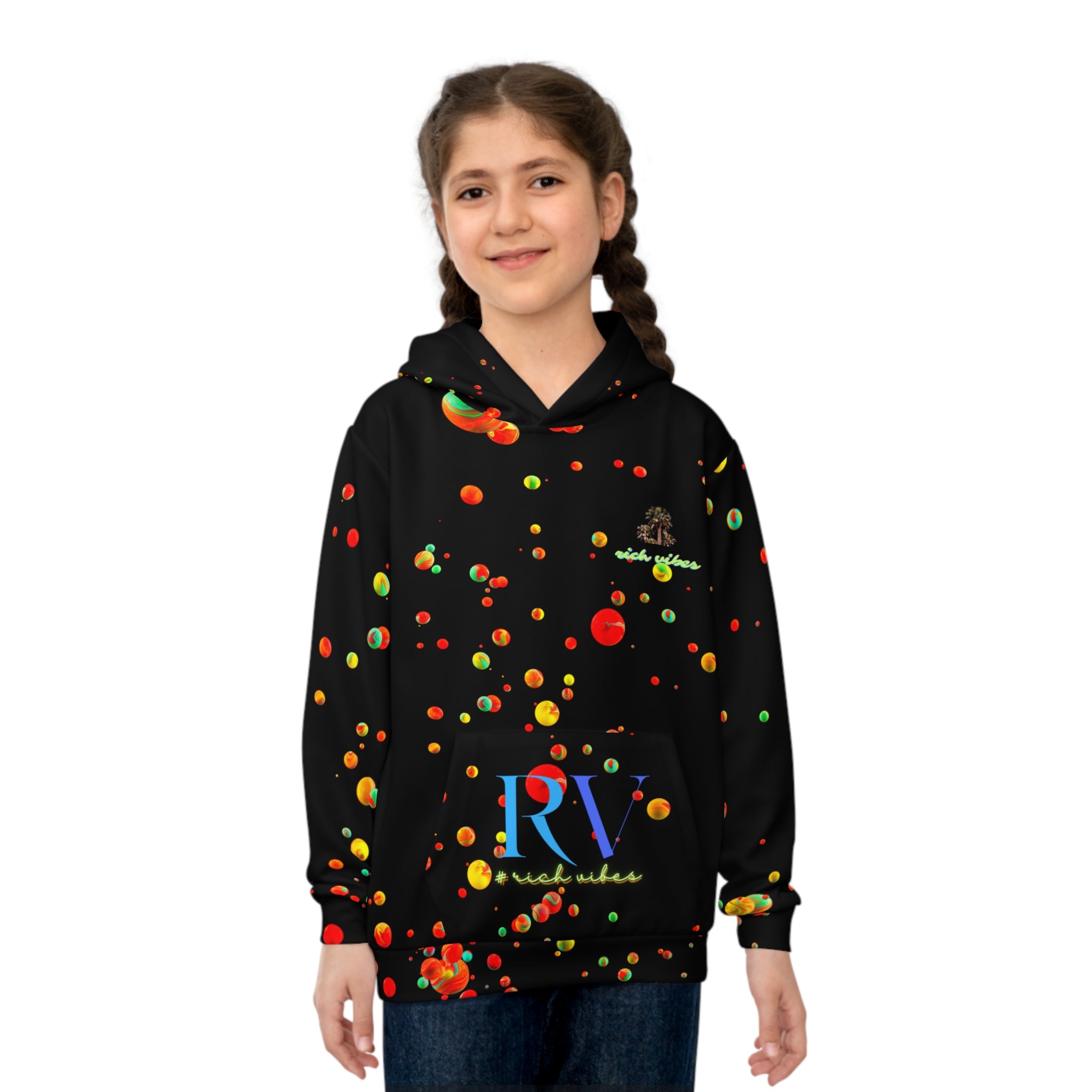 Rich Vibes Multi Colored Paint Drops RV Color Palm Tree -  Children's Hoodie (AOP)