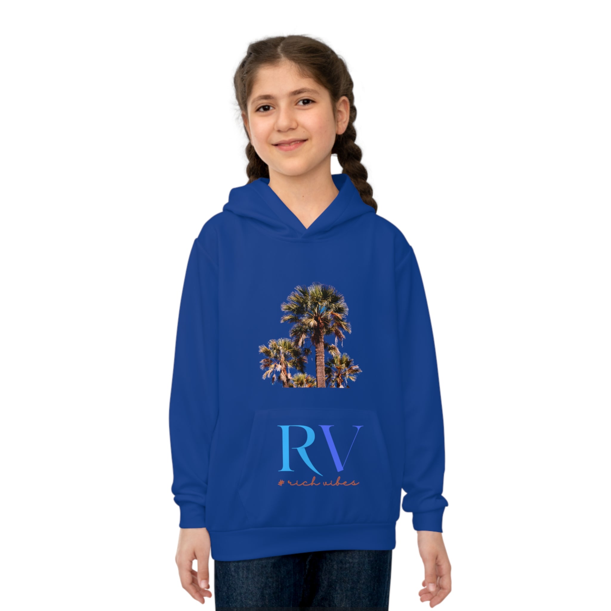 Rich Vibes Follow Your Dreams RV Color Palm Tree Royal Blue 3 -  Children's Hoodie (AOP)