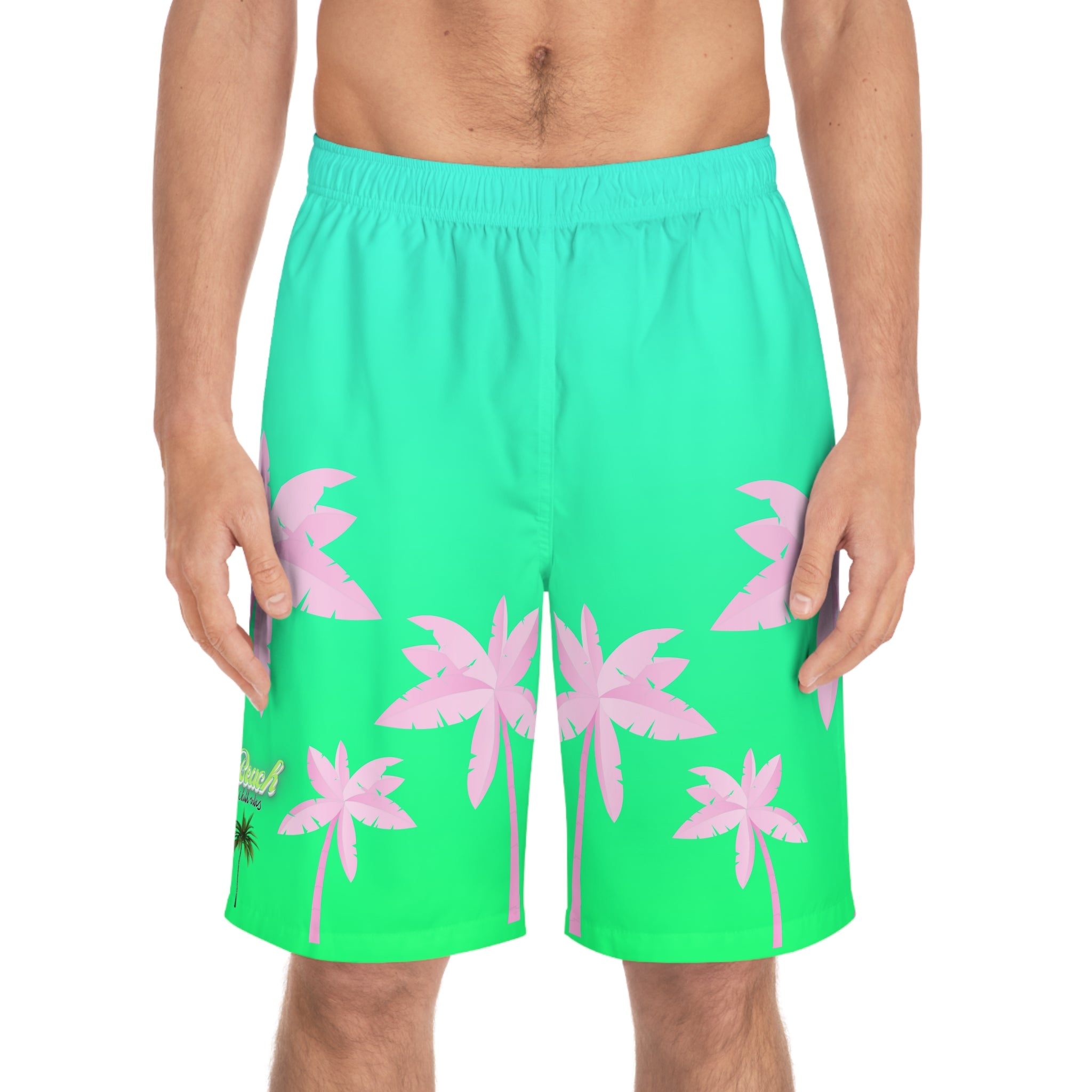Rich Vibes Volt Green Tropical Pink Palm Tree Beach Chill Vibes 1.0 - Men's Board Shorts (AOP)