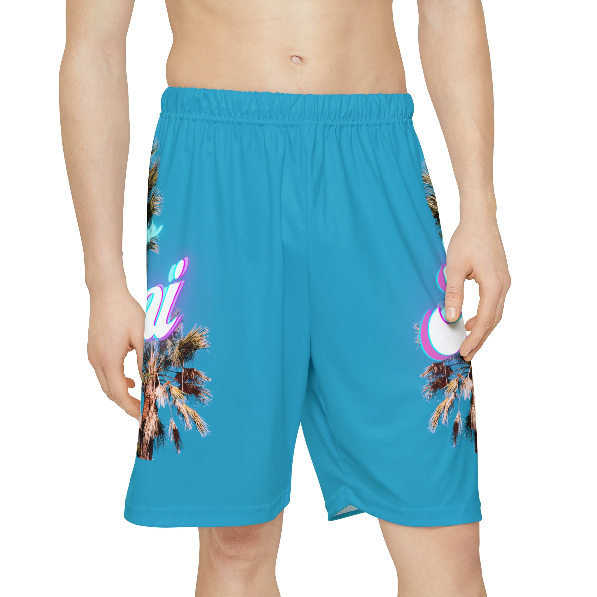 RV Rich Drip Miami Palm Tree Silhouette - Men’s Sports Shorts (AOP) Turquoise