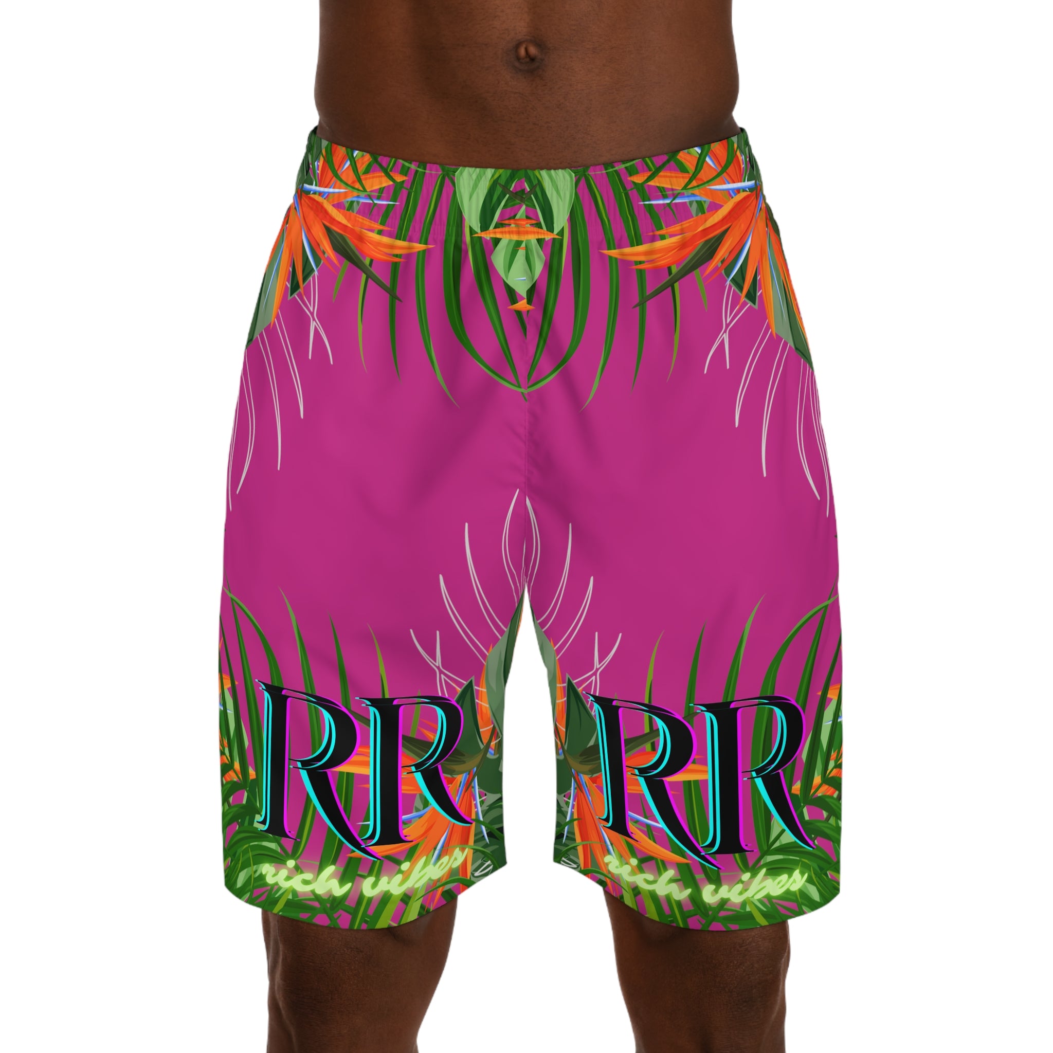 Rich Vibes Volt Pink Tropical Jungle Print - Men's Jogger Shorts (AOP)Black
