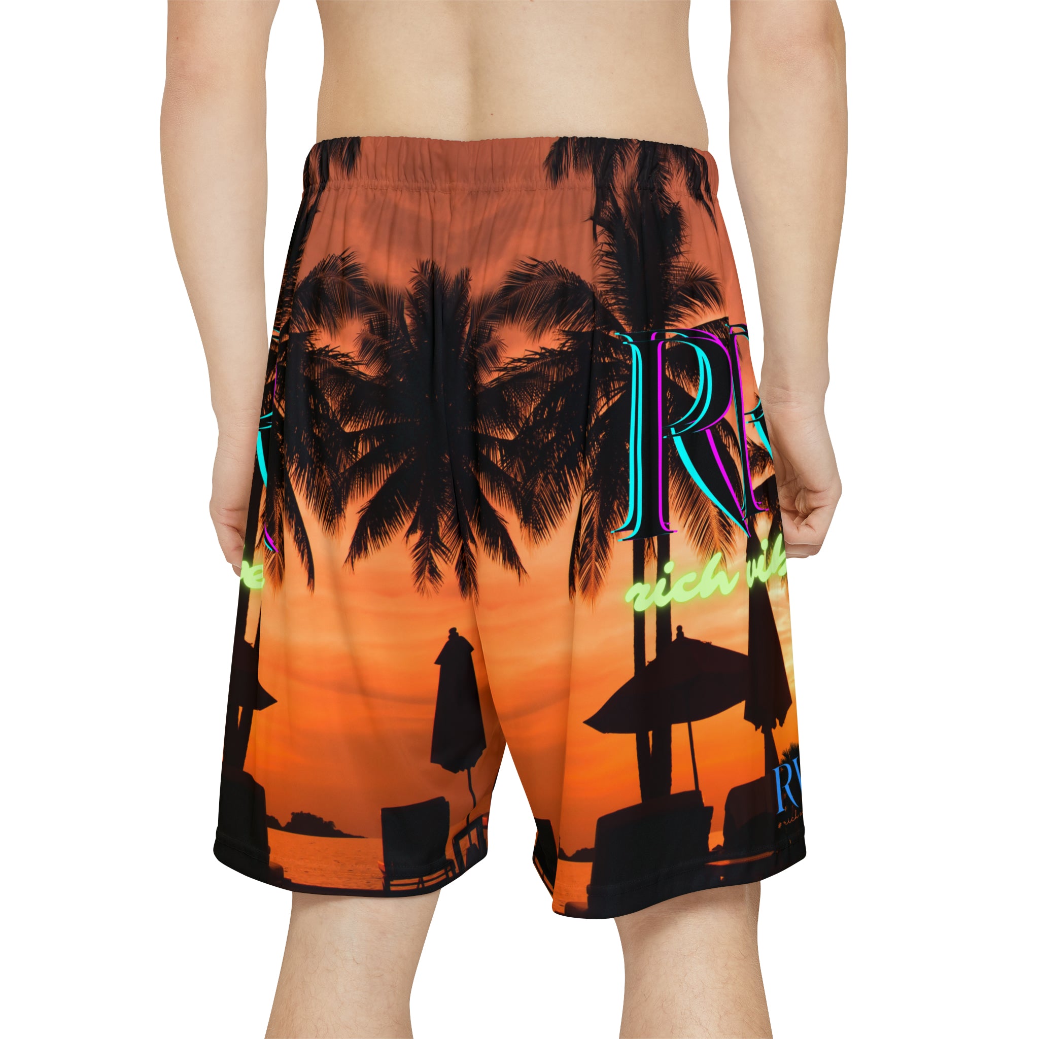 Rich Vibes RR Red Sunset RV Palm Tree Silhouette 1.0 - Men’s Sports Shorts (AOP) Red