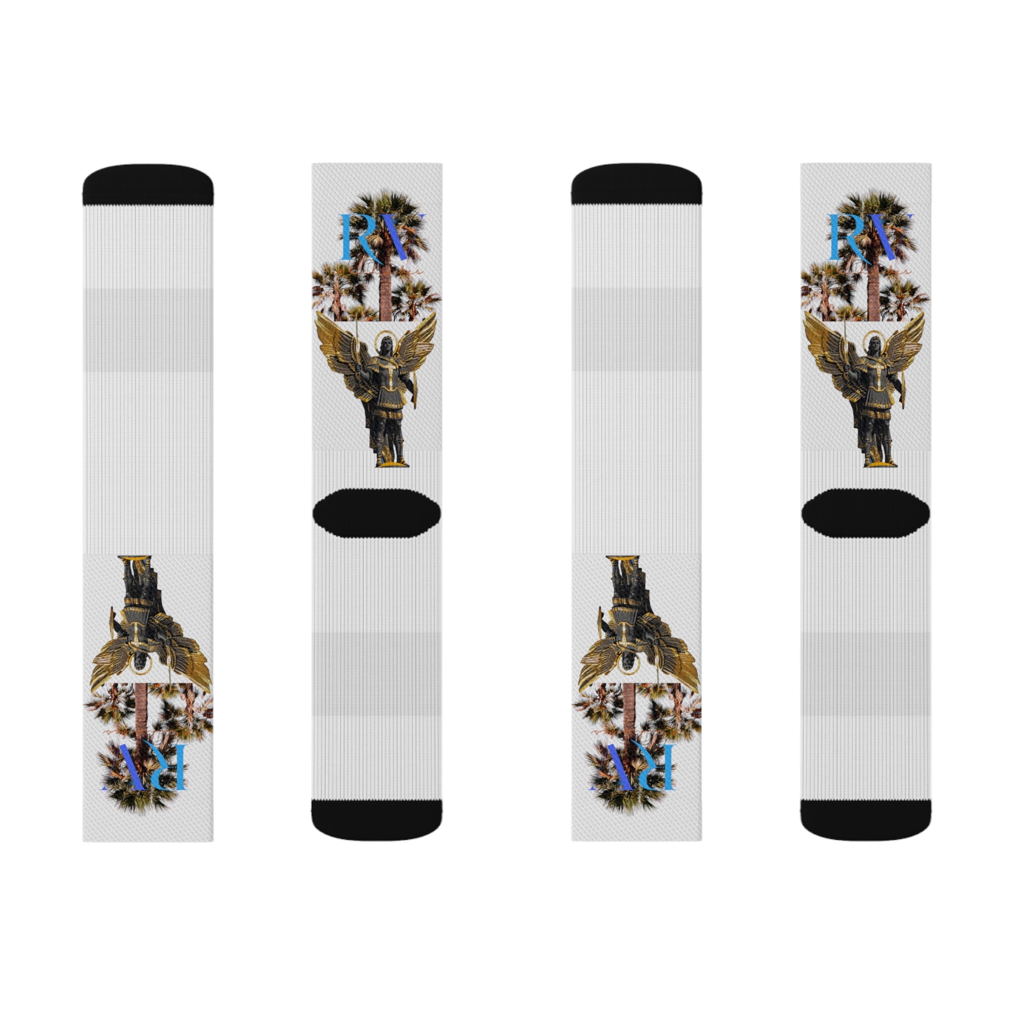 Rich Vibes RV Palm Tree Logo Archangel Michael White - Sublimation Socks