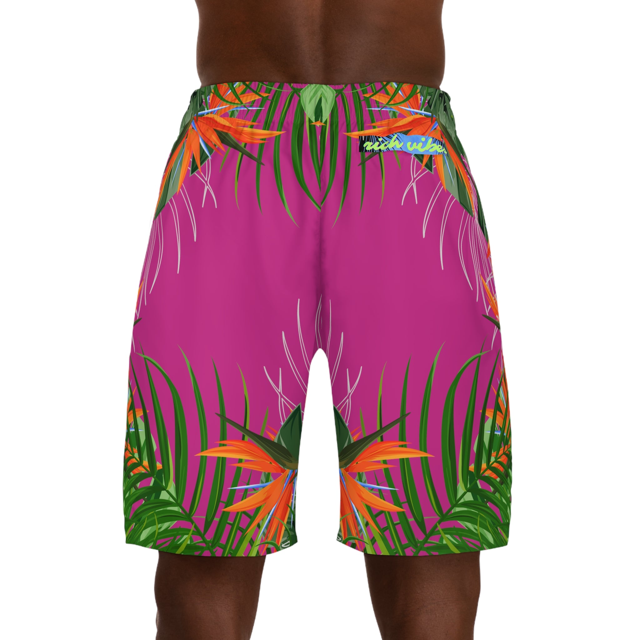 Rich Vibes Volt Pink Tropical Jungle Print - Men's Jogger Shorts (AOP)Black