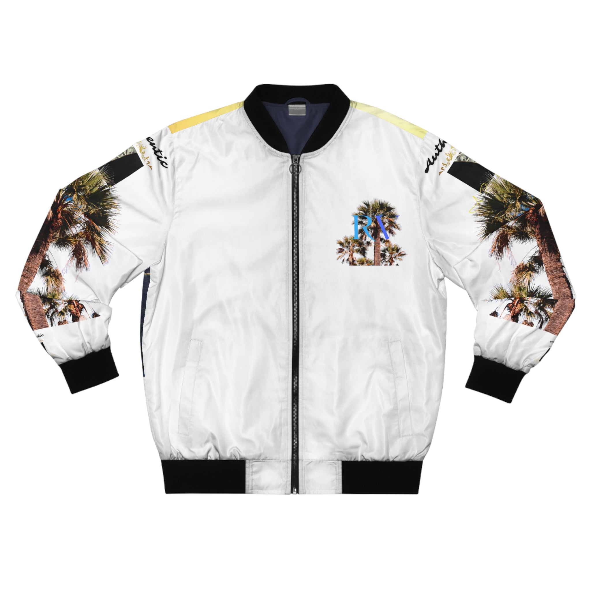 RICH VIBES RV Palm Tree Sunset Flight Authentic Signature Collection - Men's White Bomber Jacket (AOP)