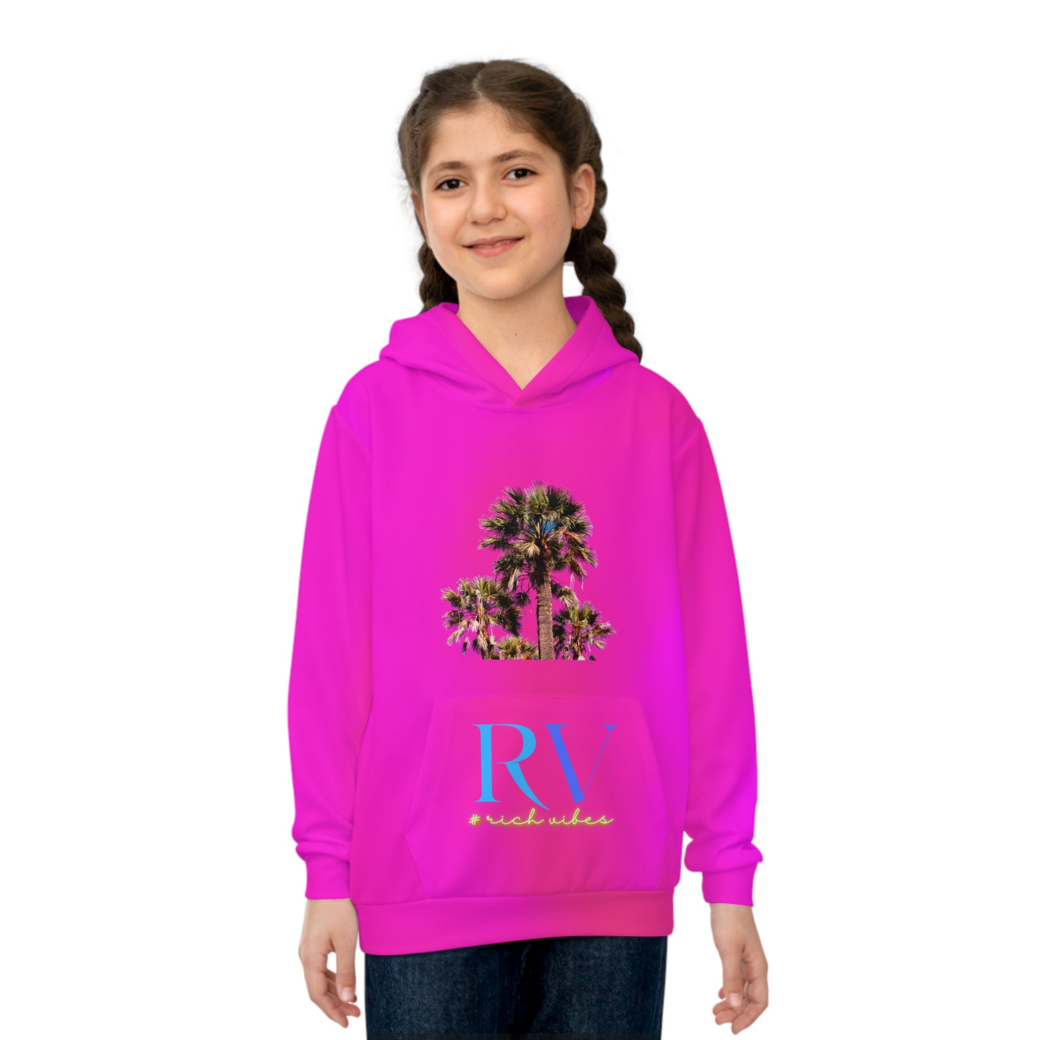 Rich Vibes Follow Your Dreams Tropical Pink RV Color Palm Tree Black 3 -  Children's Hoodie (AOP)