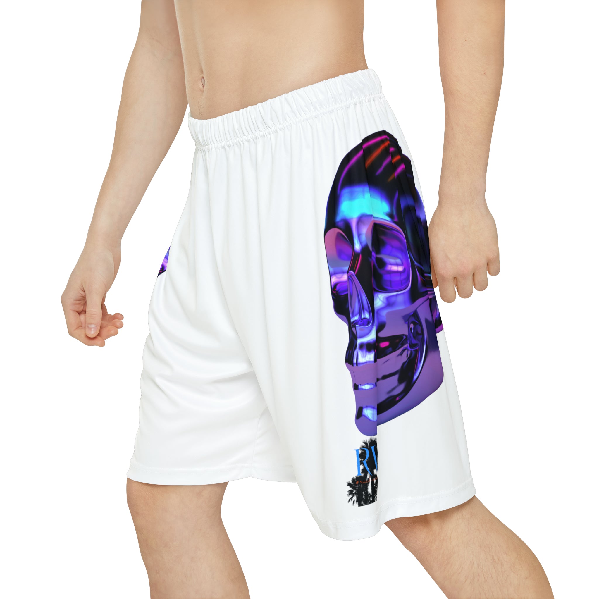 Rich Drip Psychedelic Metal Skull - RV Palm Tree Silhouette Men’s Sports Shorts (AOP) White