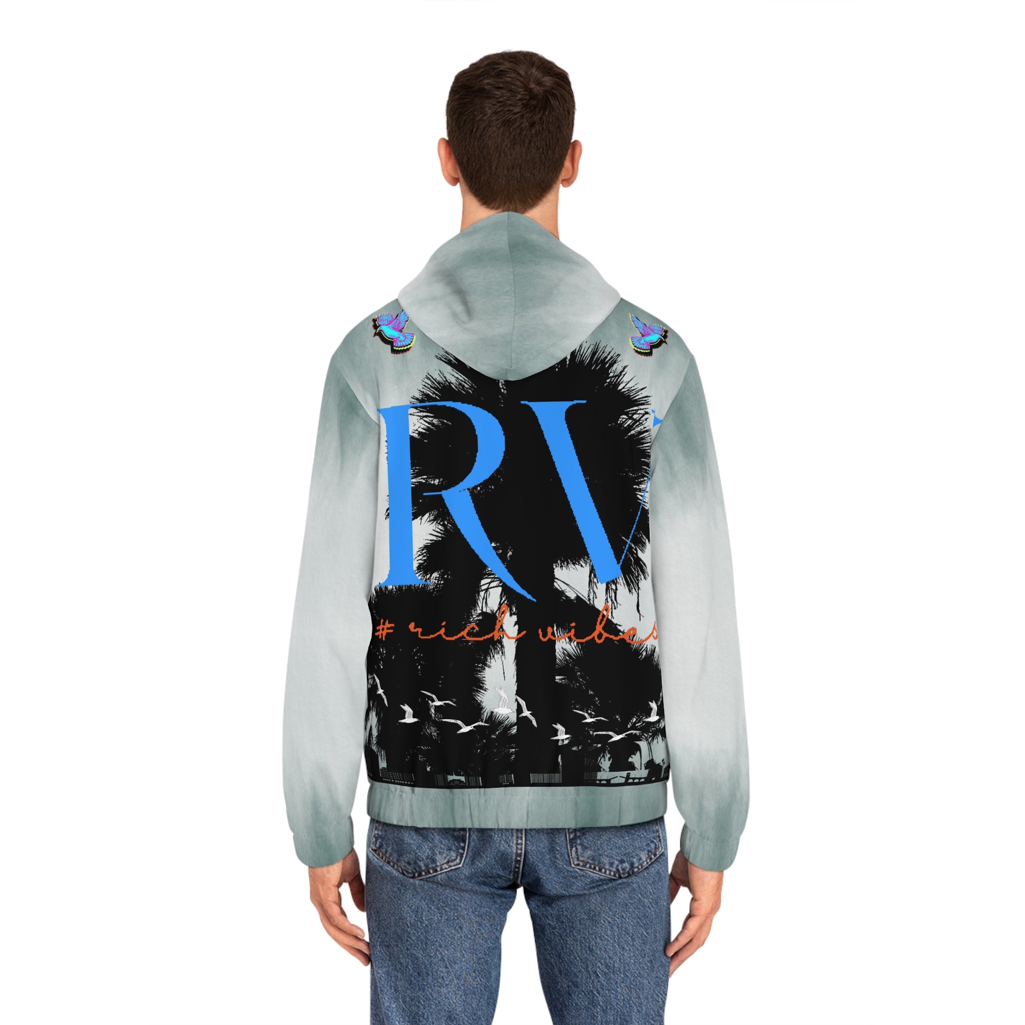 Rich Vibes Authentic RV Denim Blue City Skyline - Men's Full-Zip Hoodie (AOP)