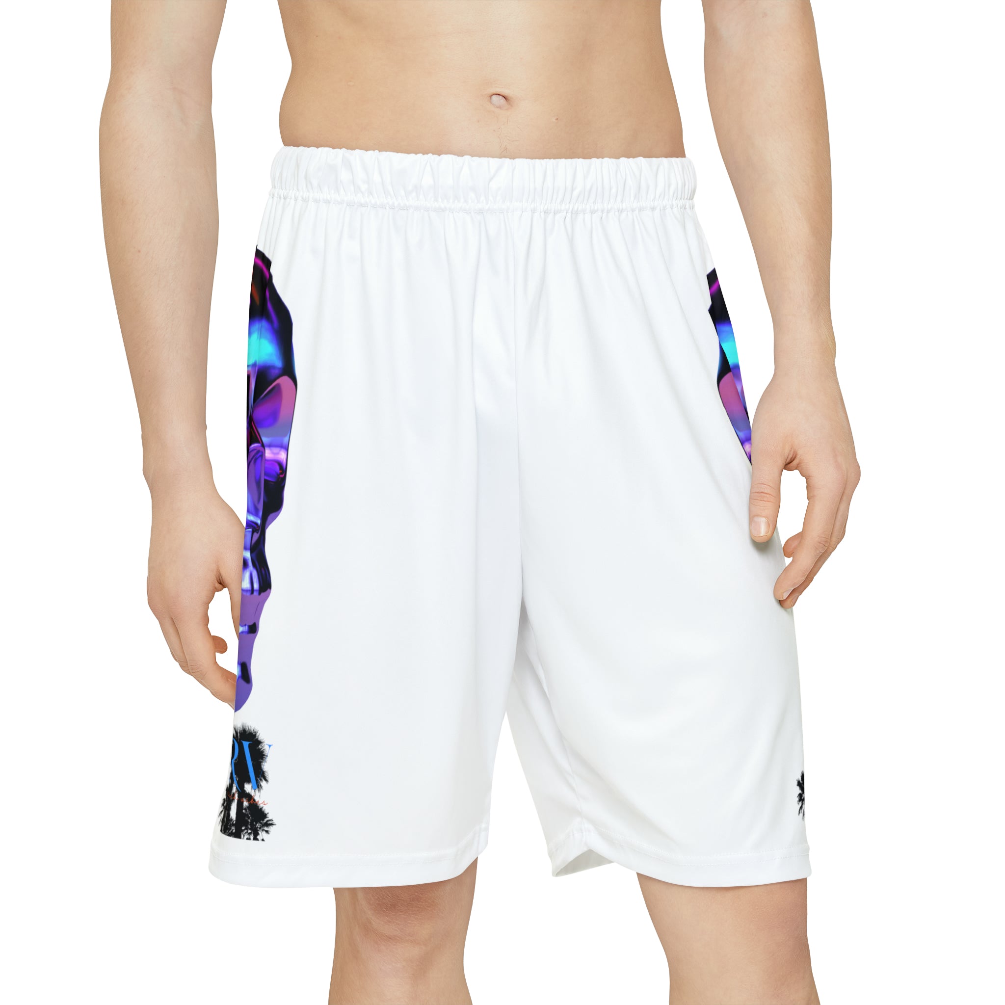 Rich Drip Psychedelic Metal Skull - RV Palm Tree Silhouette Men’s Sports Shorts (AOP) White