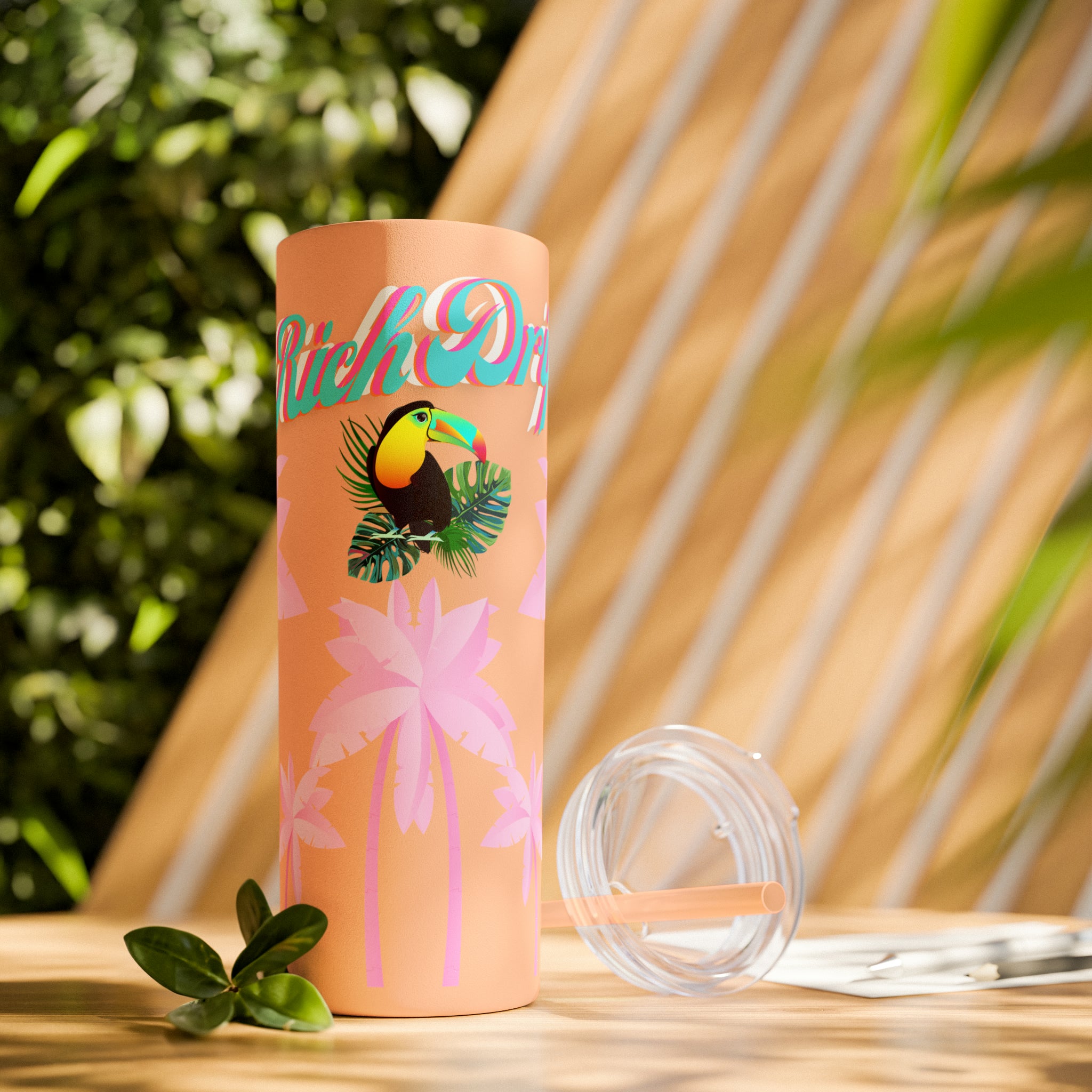 Rich Drip Tropical Pink Palm Tree - Skinny Tumbler with Straw, 20oz