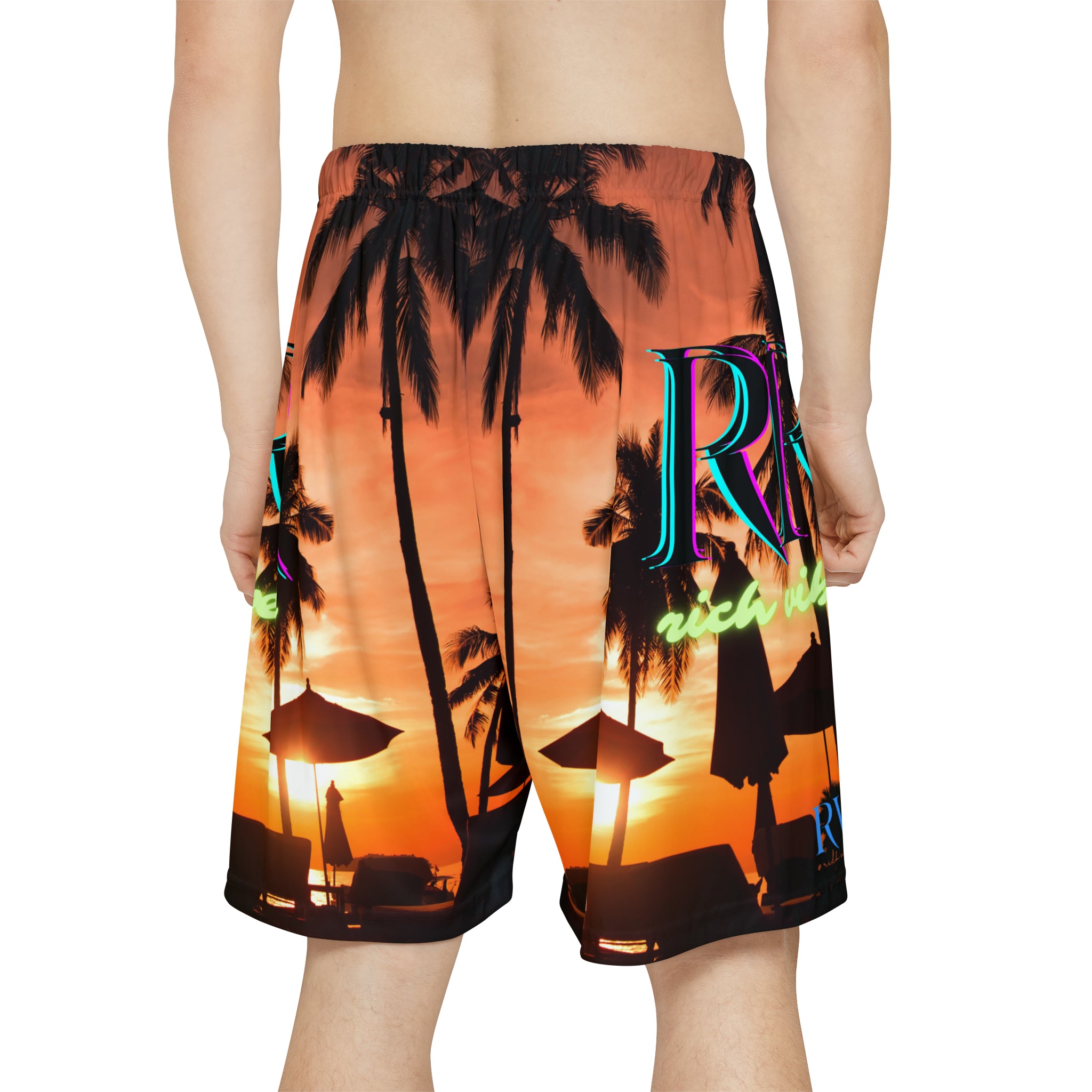 Rich Vibes RR Red Sunset RV Palm Tree Silhouette 1.0 Invert - Men’s Sports Shorts (AOP) Red