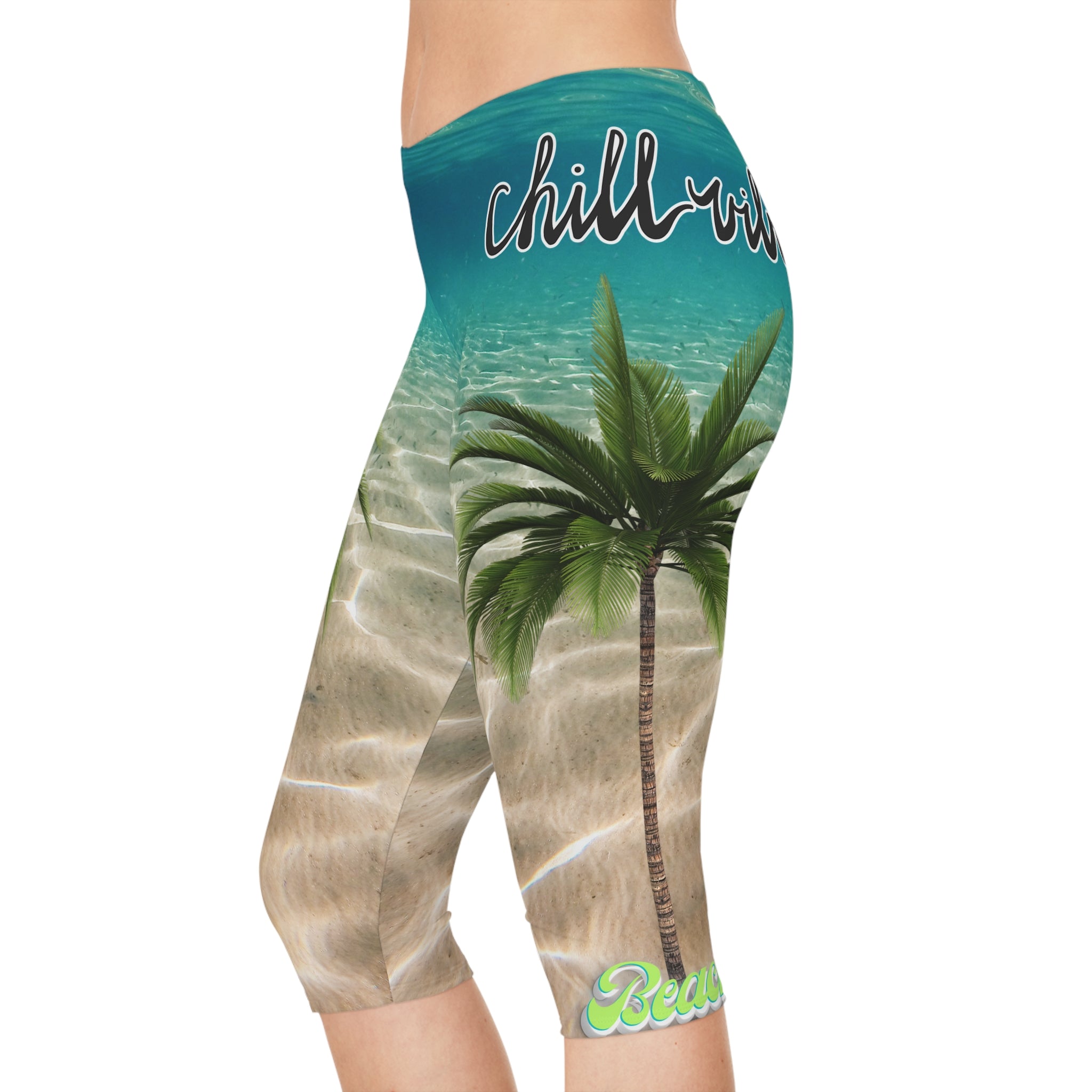 Vineyard Vibes Aqua Print Chill Beach Vibes 2.0 - Women's Capri Leggings (AOP)