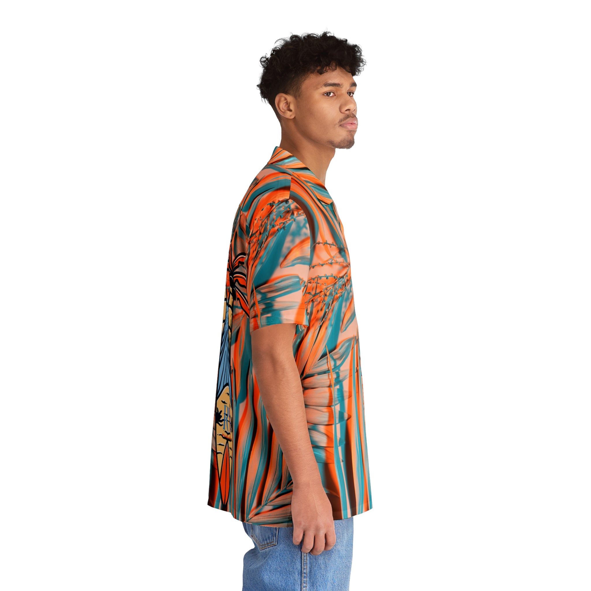 Rich Vibes RV Pulse Turquoise Peach Palm Tree - Men's Hawaiian Shirt (AOP)