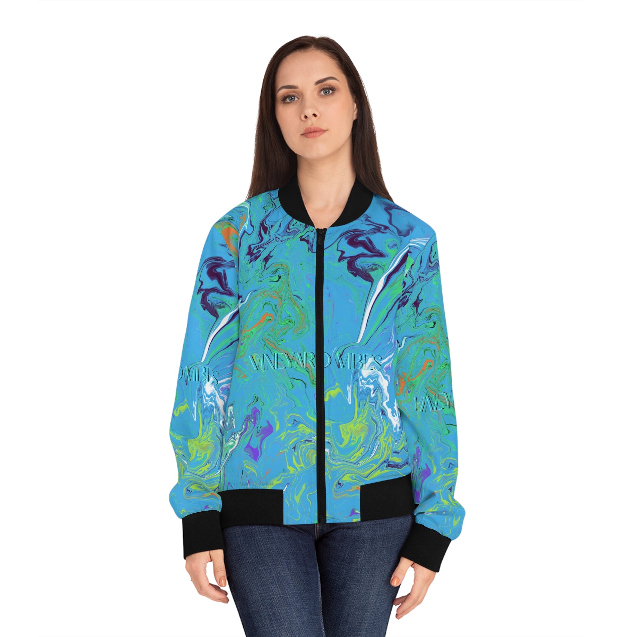 Vineyard Vibes Blue Water Color Paint - Women's Black Bomber Jacket (AOP)