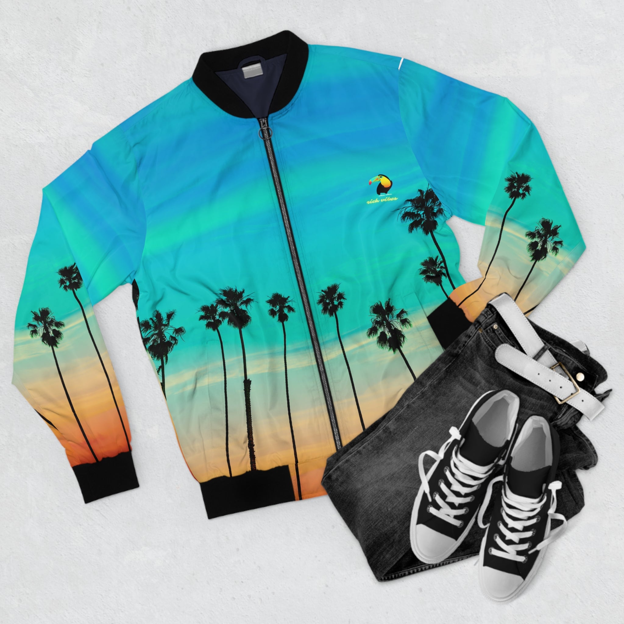 Rich Vibes Volt Green RR Turquoise Sunset - Men's Bomber Jacket (AOP)
