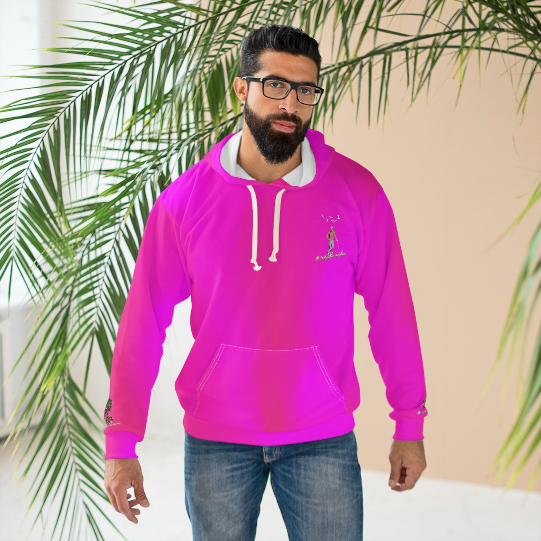 Rich Vibes Tropical Pink Volt RR Colorful Palm Trees Golf Pro 1.0 - Unisex Pullover Hoodie (AOP)
