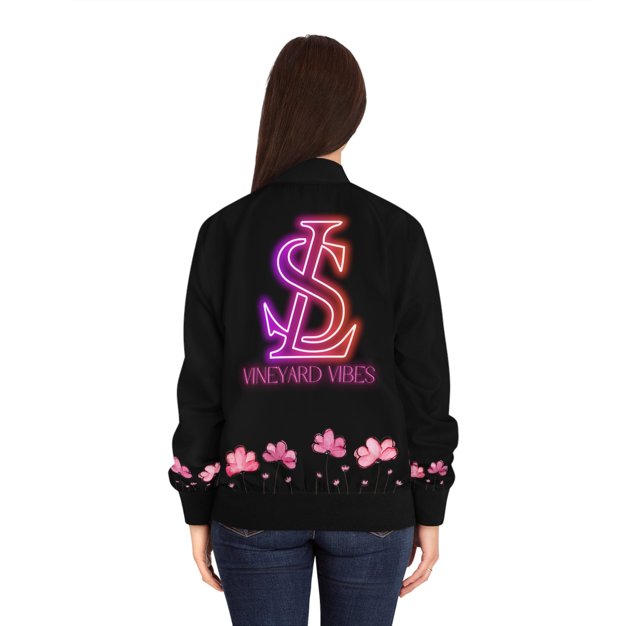 Vineyard Vibes Pink Flower LS LIFESTYLE 1.5 - Women's Black Bomber Jacket (AOP)