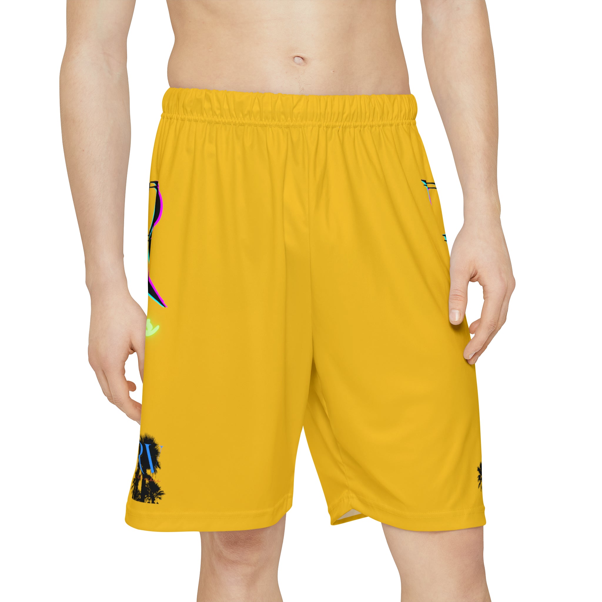 Rich Vibes RR RV Palm Tree Silhouette - Men’s Sports Shorts (AOP) Yellow