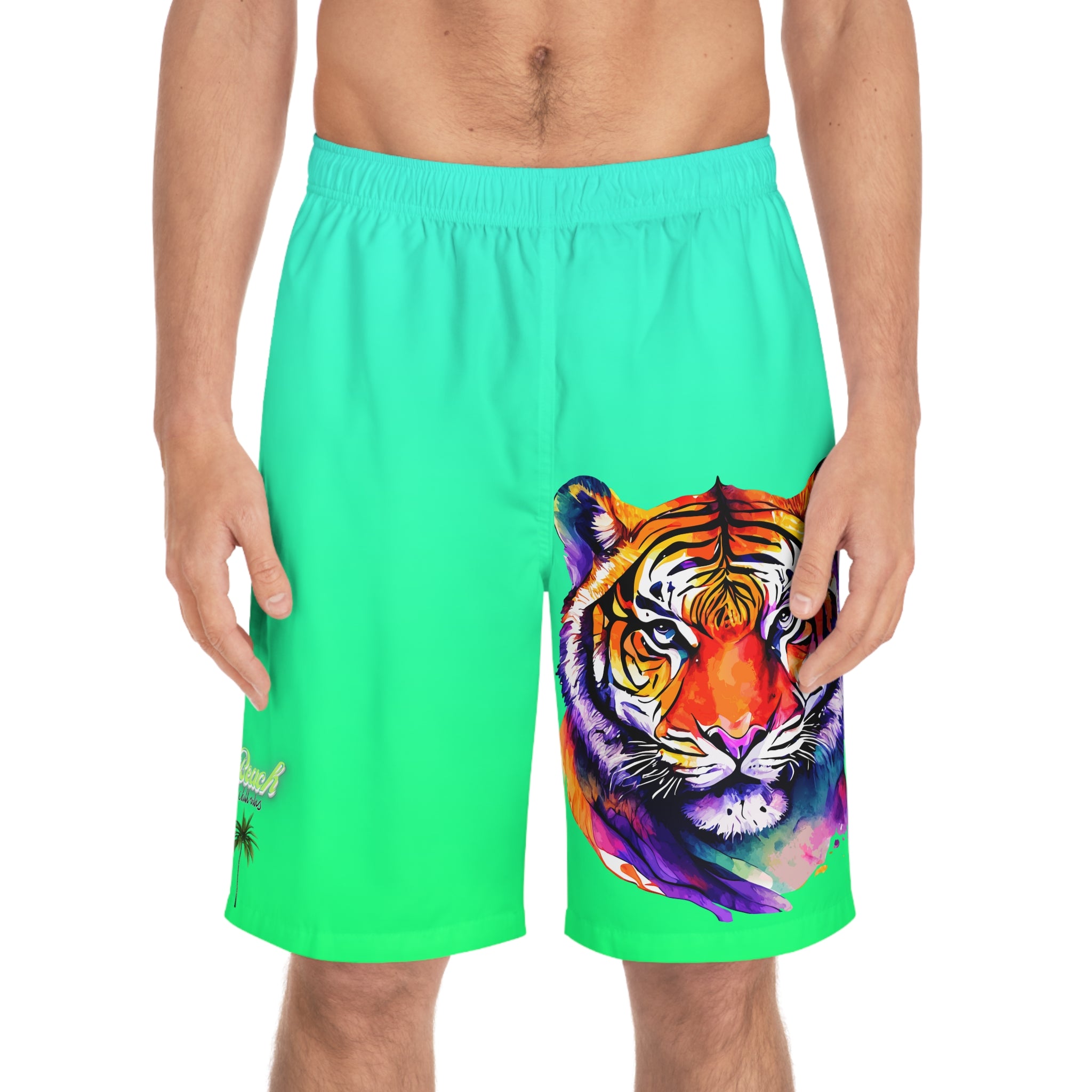 Rich Vibes Volt Green Tropical Tiger Beach Chill Vibes 2.0 - Men's Board Shorts (AOP)