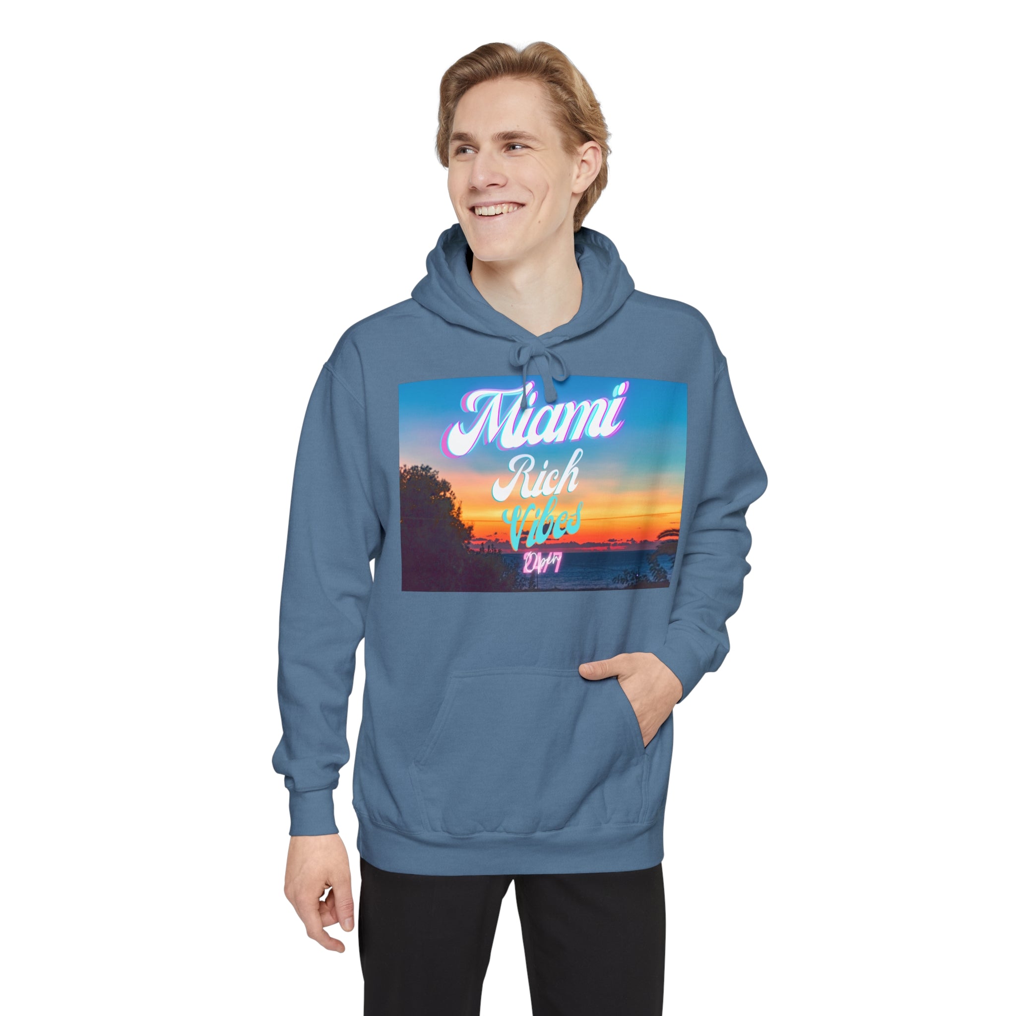 Rich Vibes Miami Beach 24/7  Blue Jean - Garment-Dyed Hoodie
