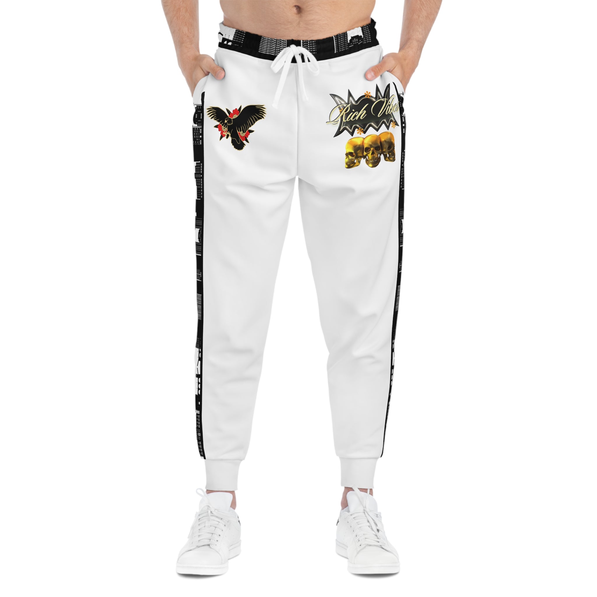 Rich Vibes Black Bird Triple Golden Skull City Skyline - Athletic Joggers (AOP) White