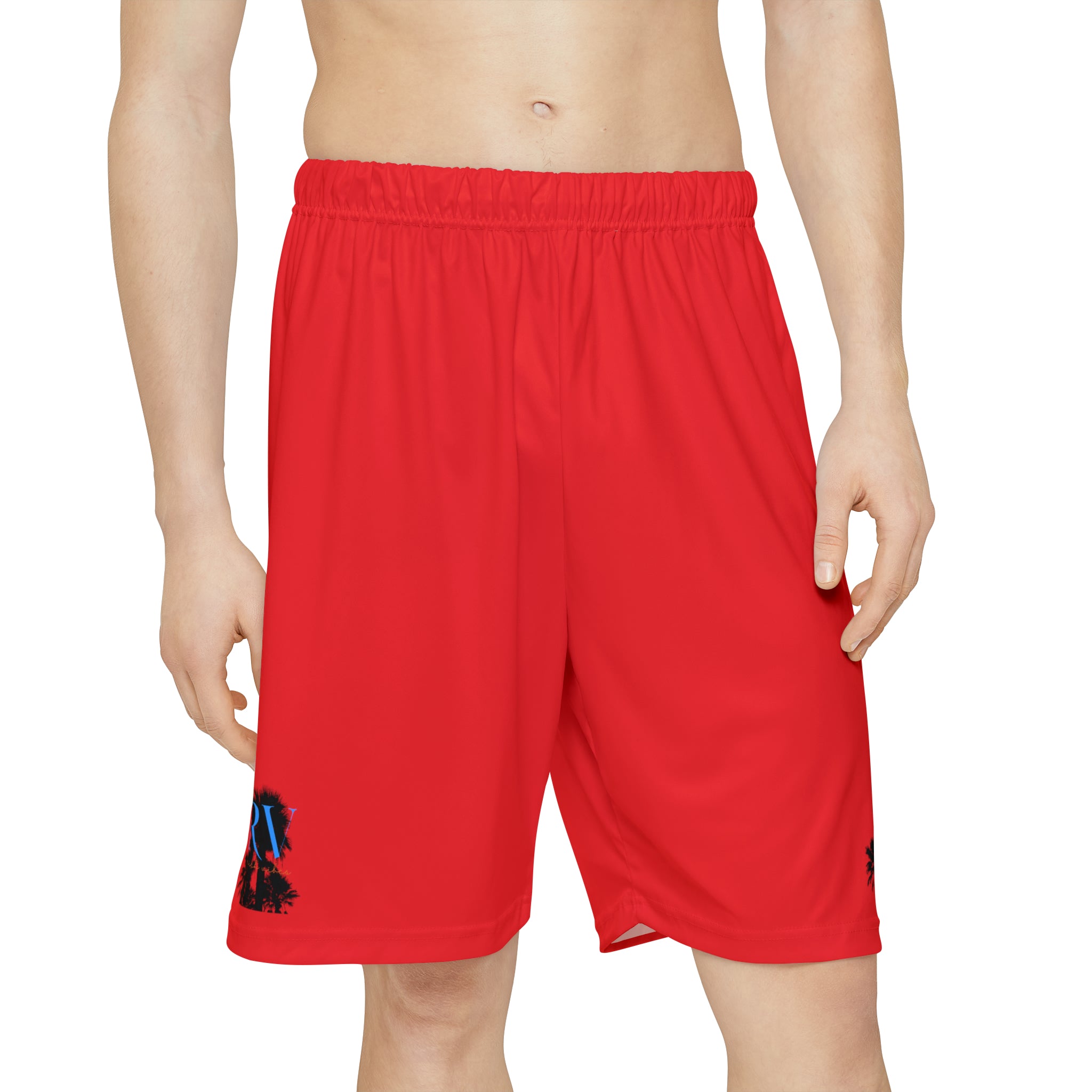 Rich Vibes RV Palm Tree Silhouette Men’s Sports Shorts (AOP) Infrared