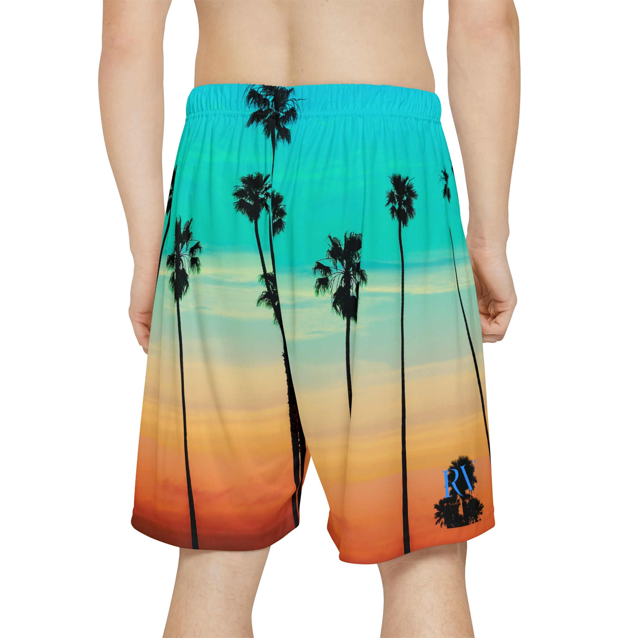 Rich Drip Blue Skies Beach Vibes RV Palm Tree Silhouette - Men’s Sports Shorts (AOP) Leaf Green